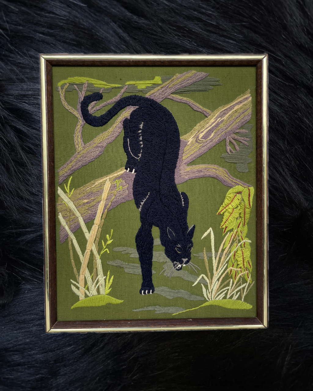 Vintage Wood Frame Black Panther Jaguar Tree Crewel