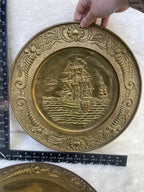 Vintage *Pair* Embossed Brass Nautical Sail Ship Wall Hangings
