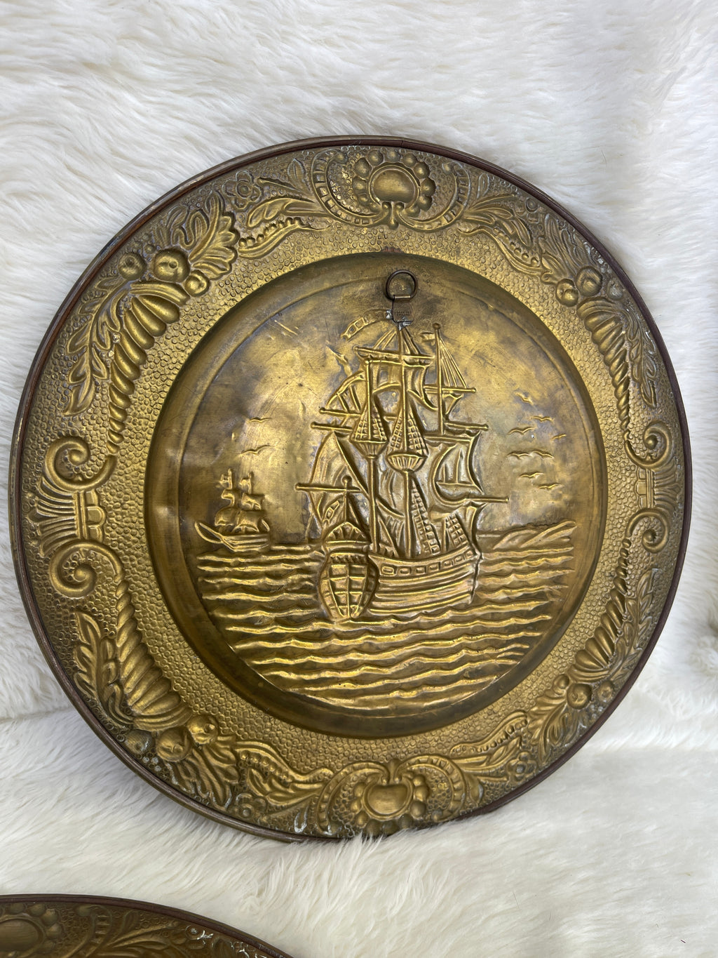 Vintage *Pair* Embossed Brass Nautical Sail Ship Wall Hangings