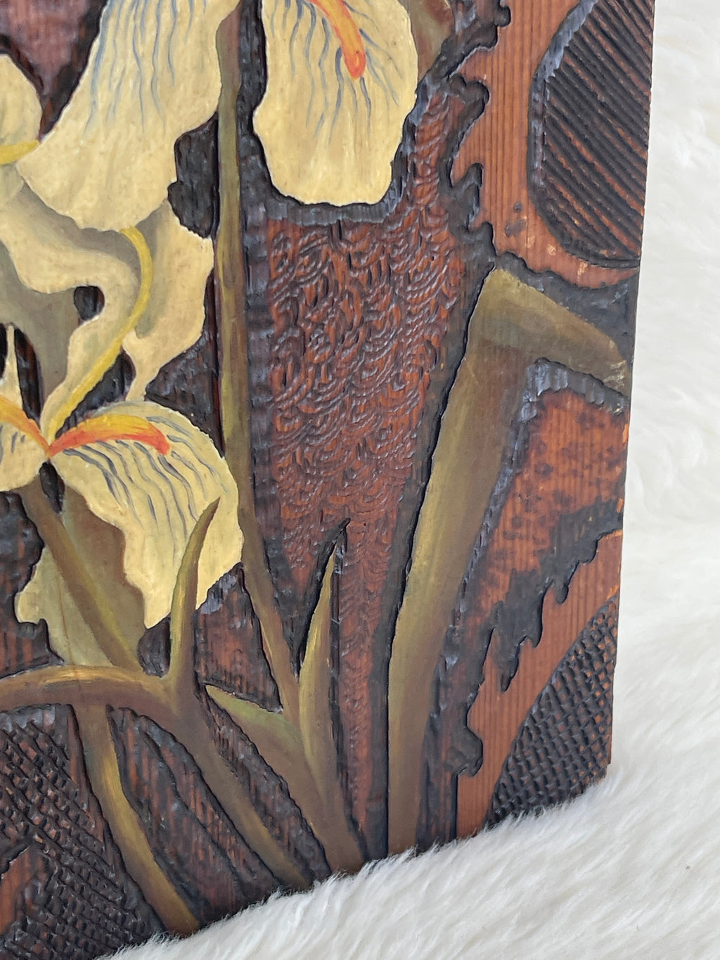 Vintage Hand Painted Carved Wood Iris Flower Plaque
