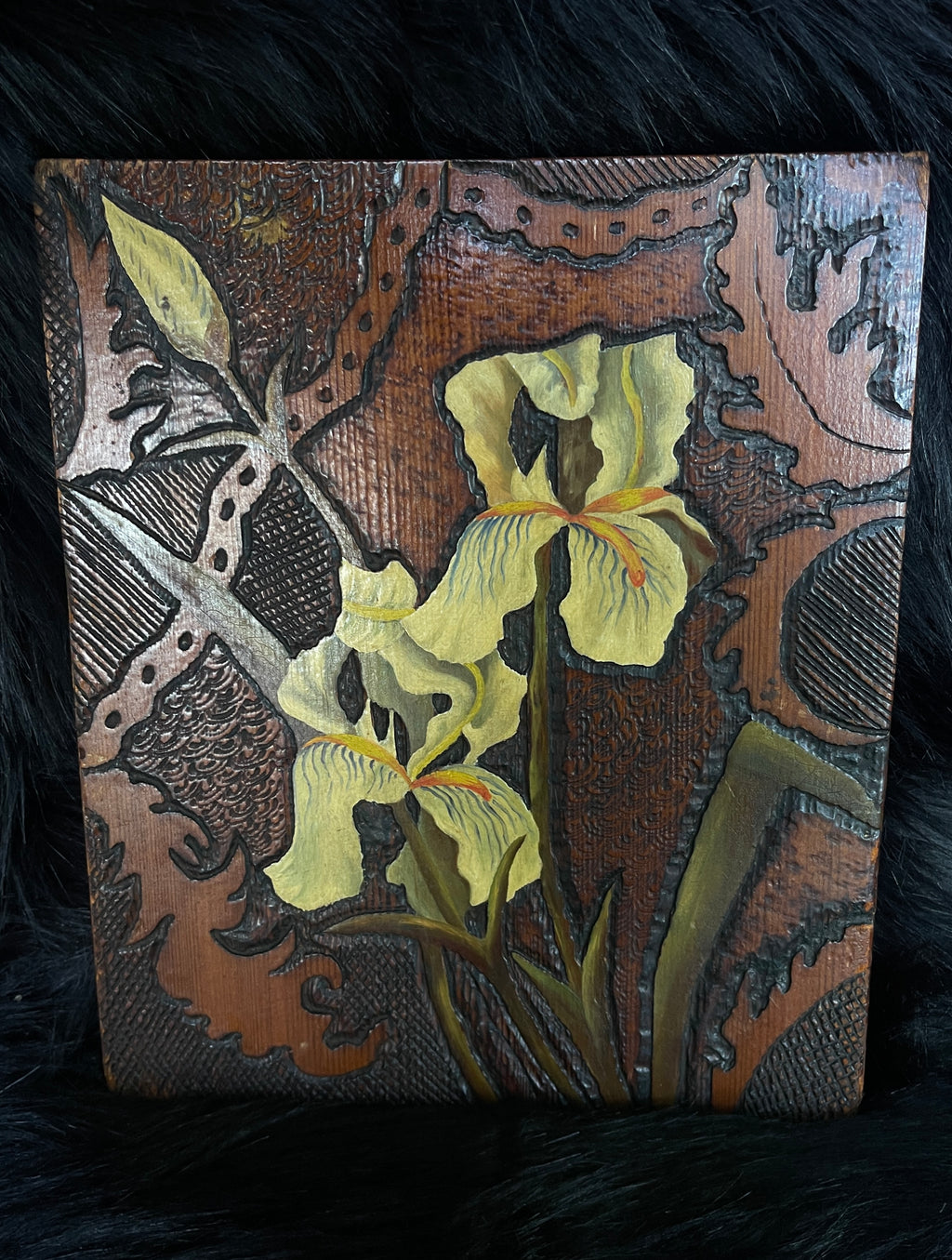 Vintage Hand Painted Carved Wood Iris Flower Plaque