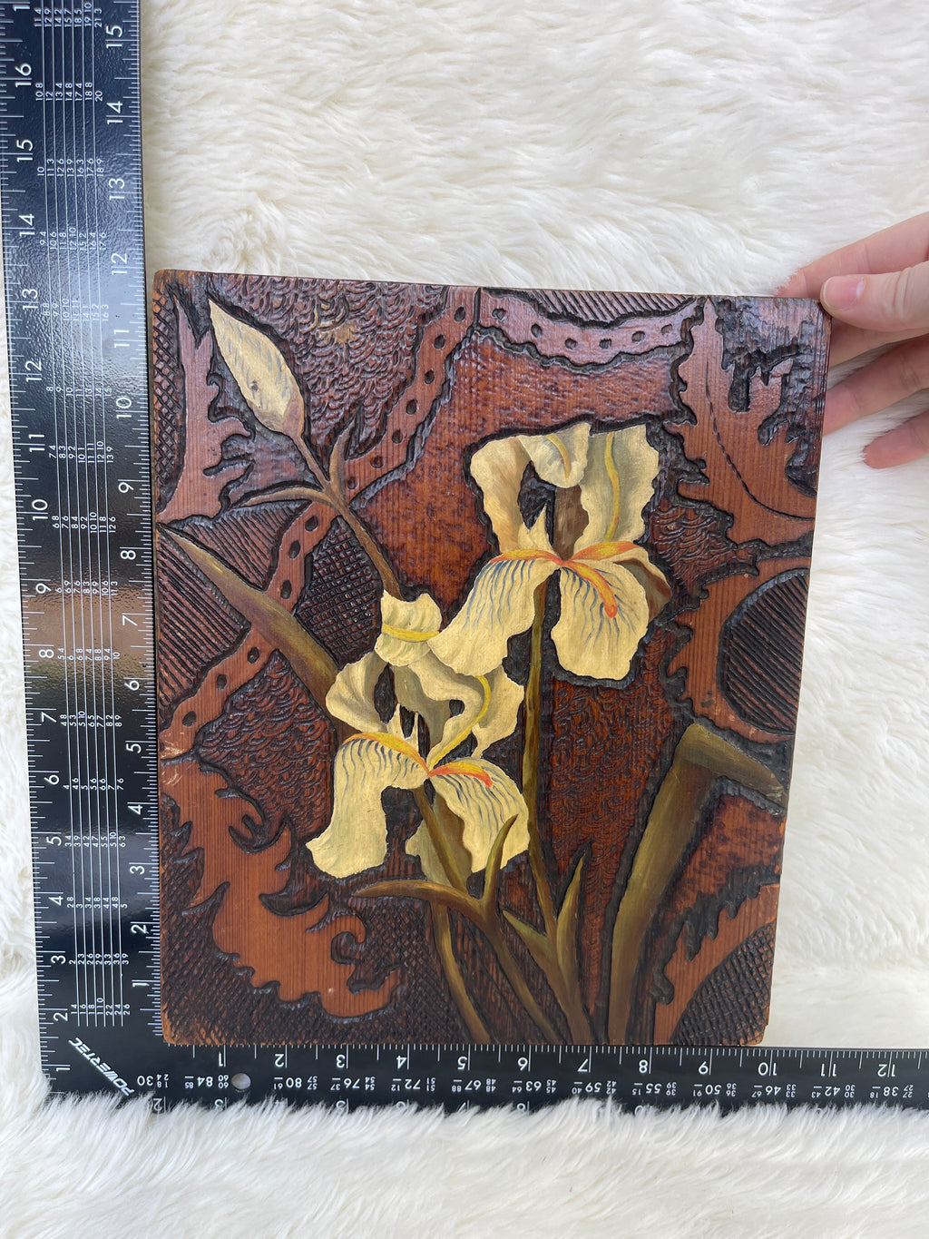 Vintage Hand Painted Carved Wood Iris Flower Plaque