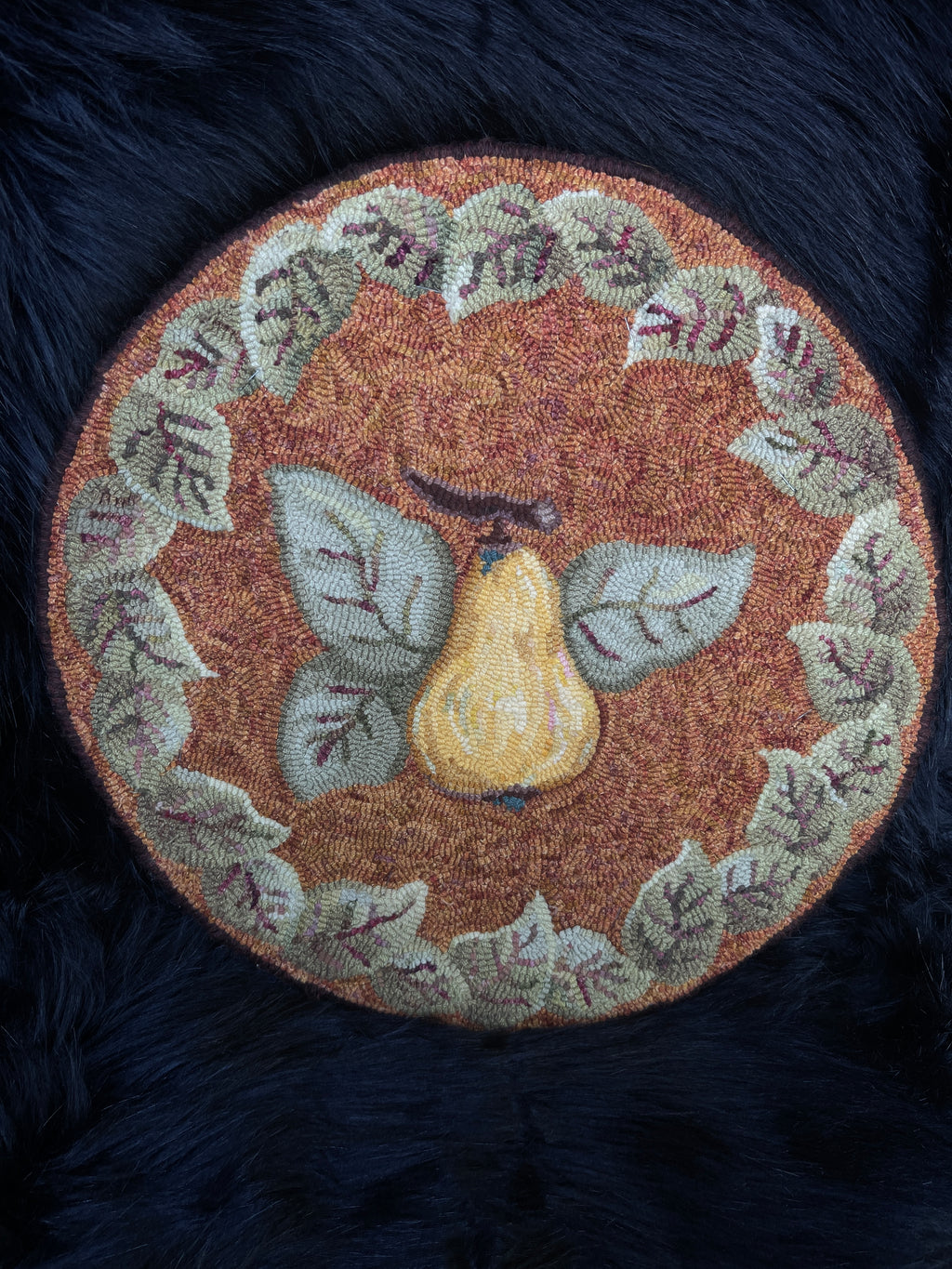 Vintage Circular Wool Hand Hooked Pear Wall Hanging