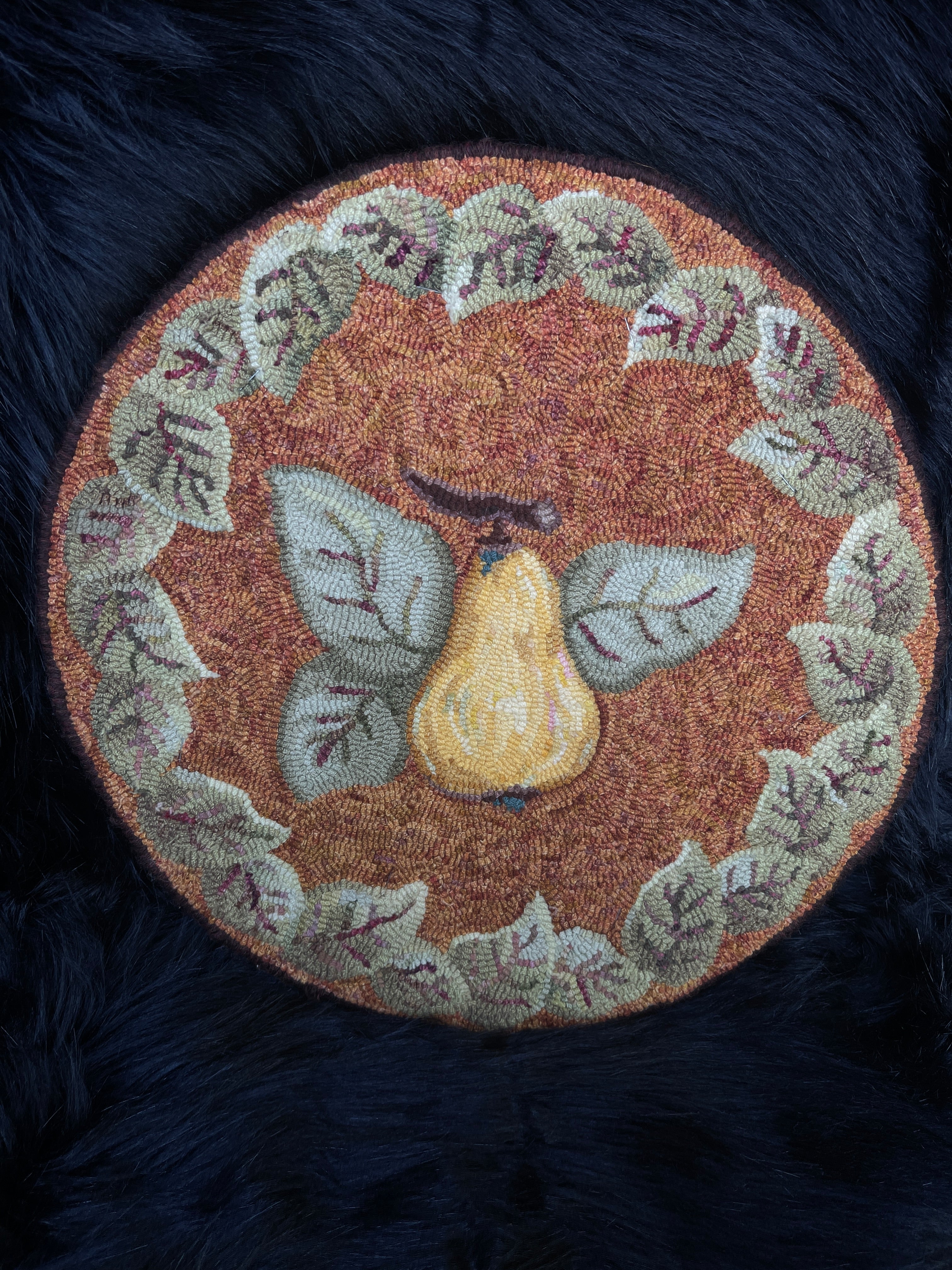 Vintage Circular Wool Hand Hooked Pear Wall Hanging