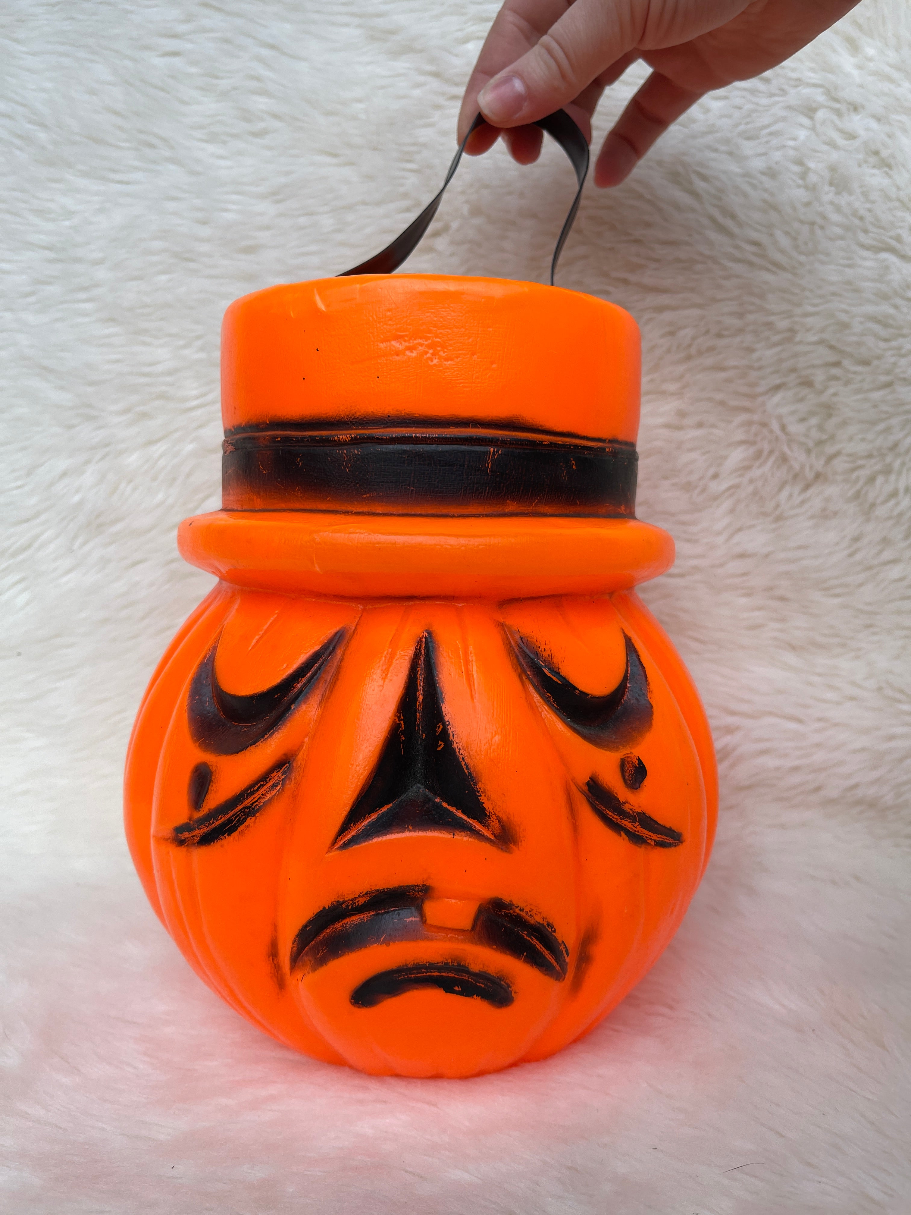 Vintage Double Sided Sad Happy Blow Mold Top Hat Halloween Trick or Treat Bucket