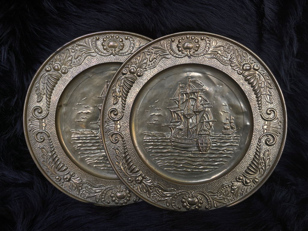 Vintage *Pair* Embossed Brass Nautical Sail Ship Wall Hangings