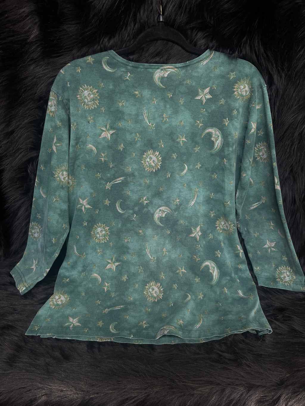 Vintage Size M 3/4 Sleeve Green Celestial Sun Moon Star "SWAT" Top