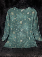 Vintage Size M 3/4 Sleeve Green Celestial Sun Moon Star "SWAT" Top