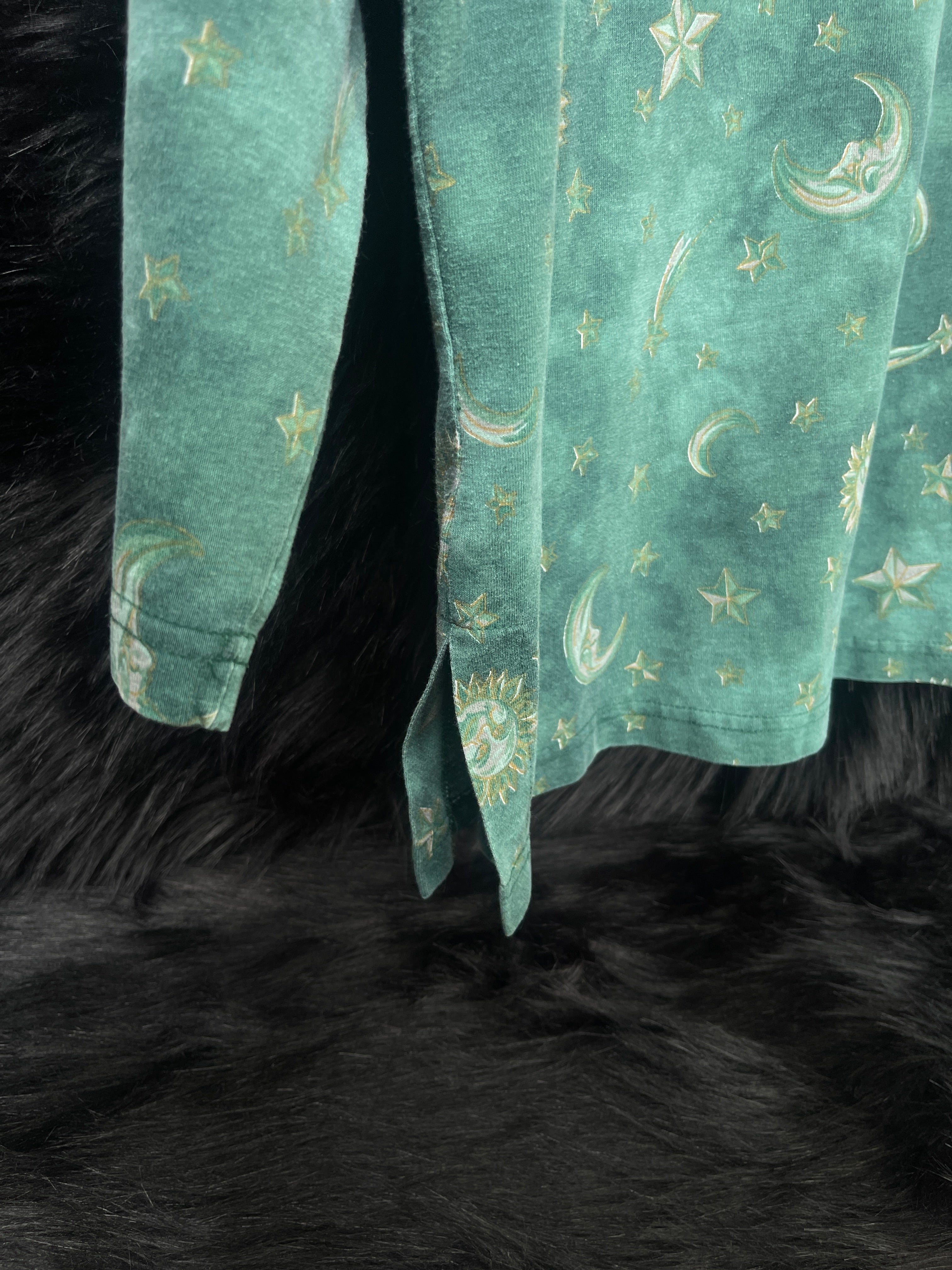 Vintage Size M 3/4 Sleeve Green Celestial Sun Moon Star "SWAT" Top
