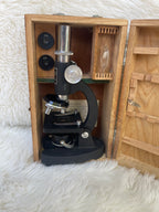 Vintage "Erbco Opticals" Microscope & Wood Box / Parts