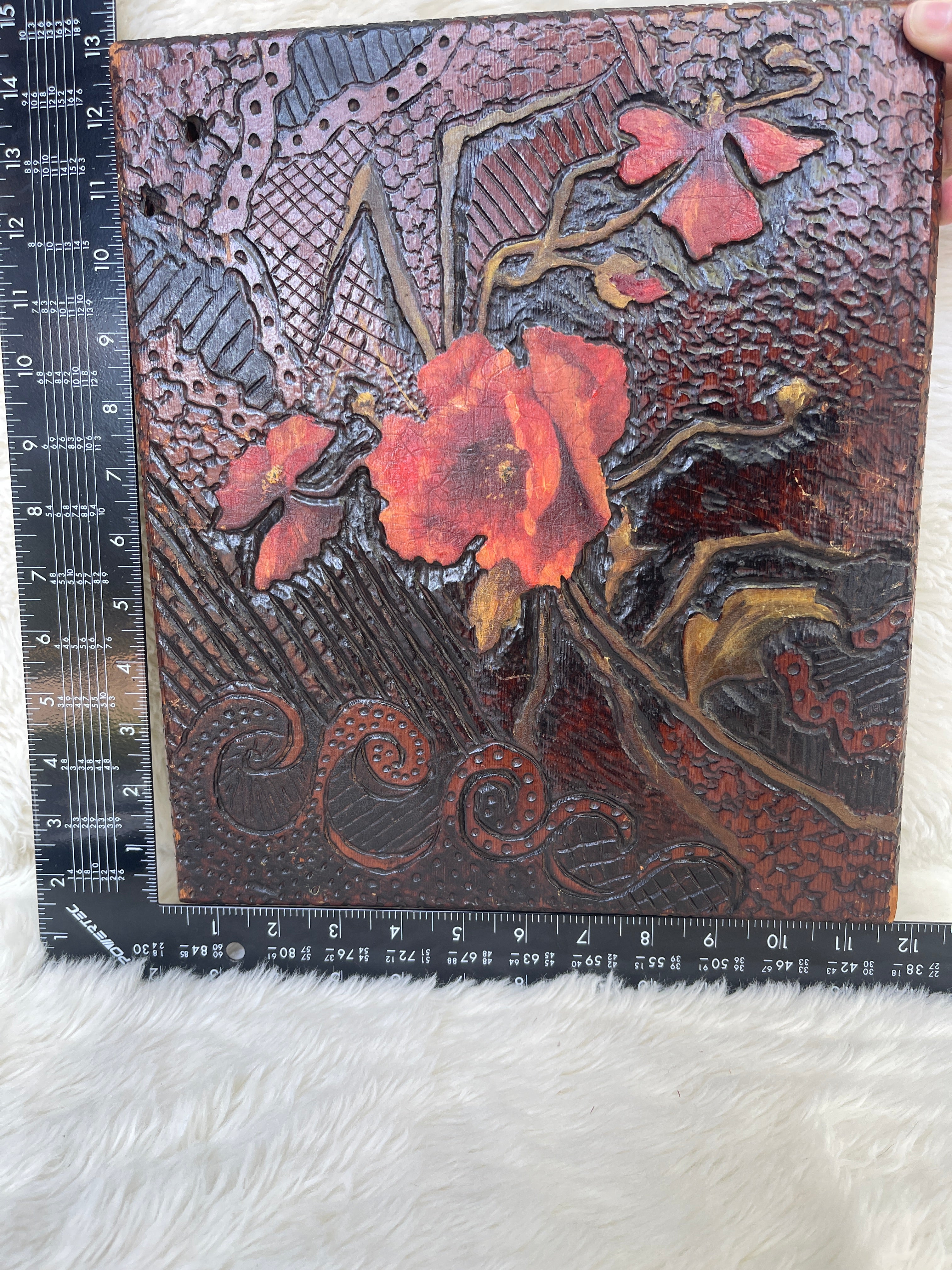 Vintage Hand Painted Carved Wood Poppy Flower Plaque