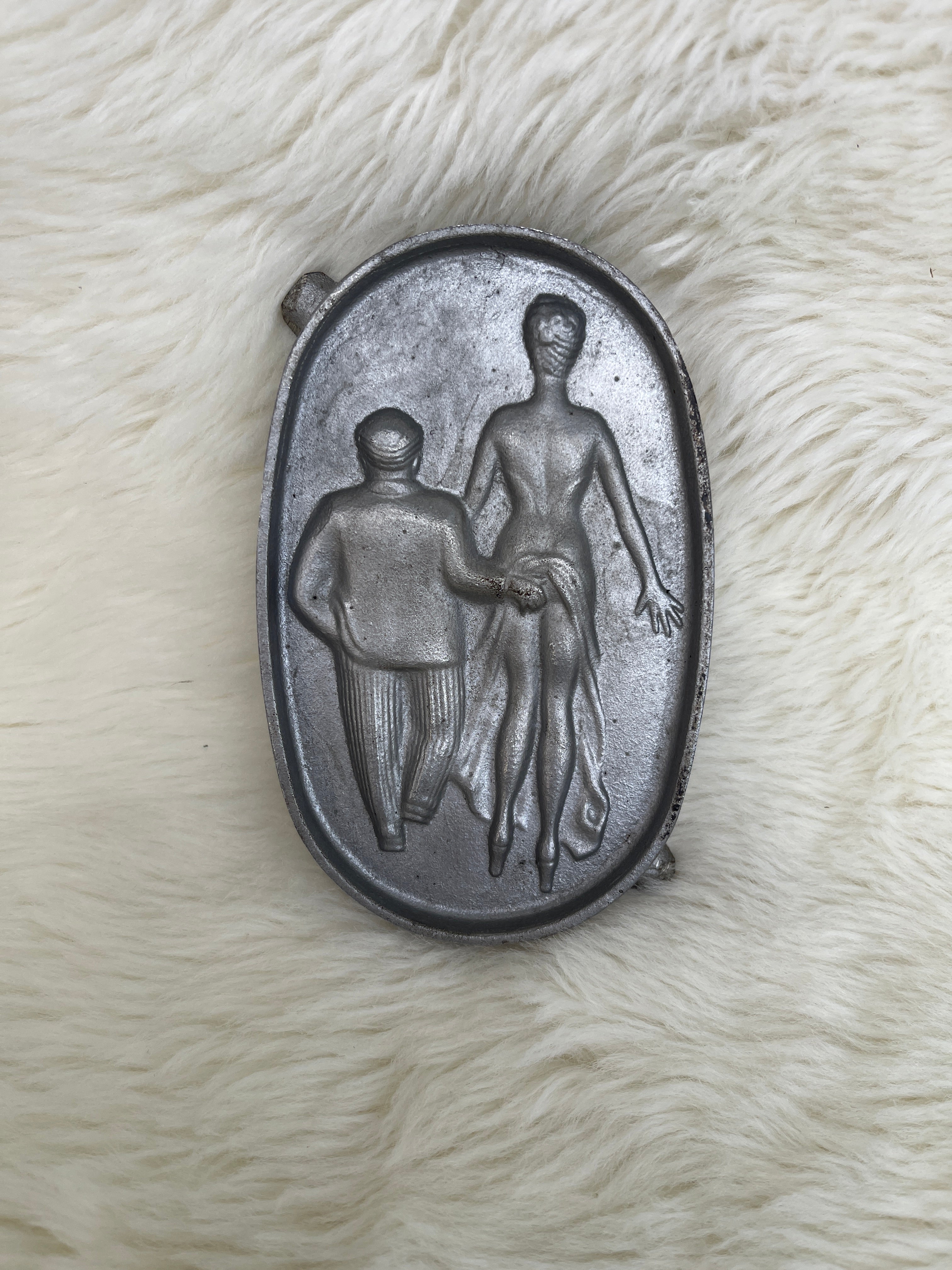 Vintage Metal Novelty Risque “Oh!” Double-Sided 3D Man Grabbing Woman Butt Grab