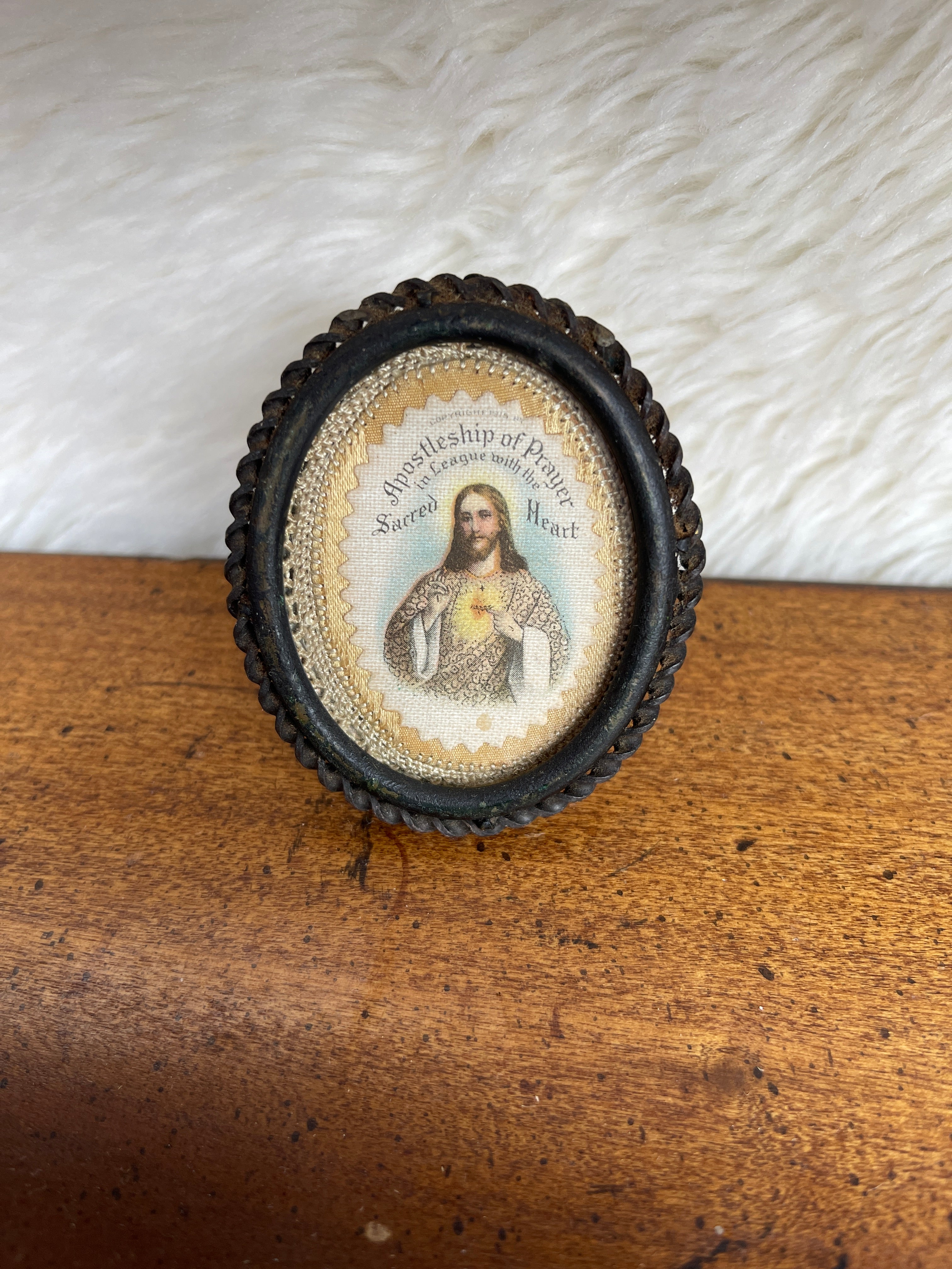 Antique 1915 “Apostleship of Prayer in Leage with the Sacred Heart” Standing Metal Framed Religious Crochet Fabric Piece