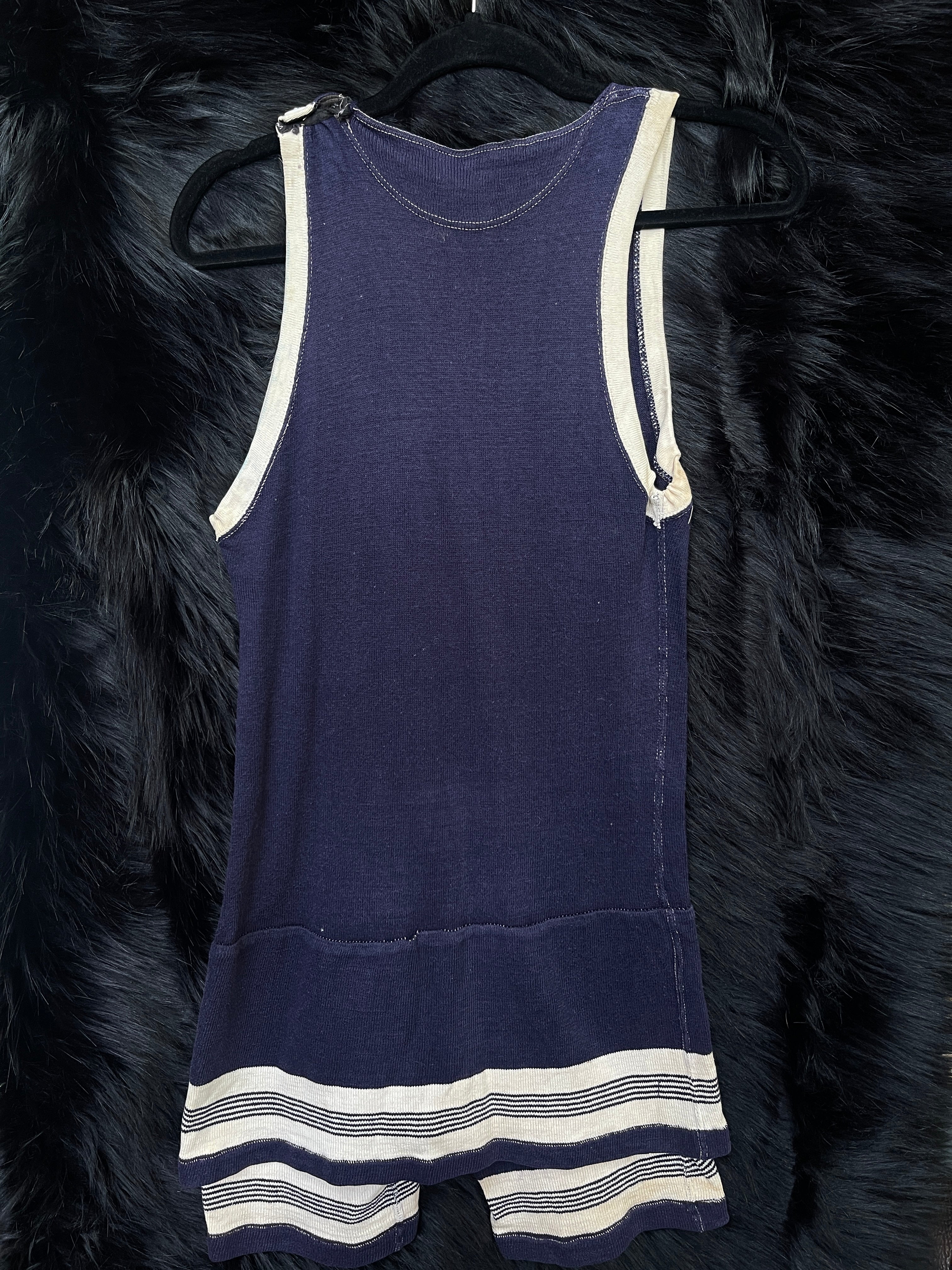 1920’s Antique Navy & White Striped Button One Piece Swimsuit Bathing Suit
