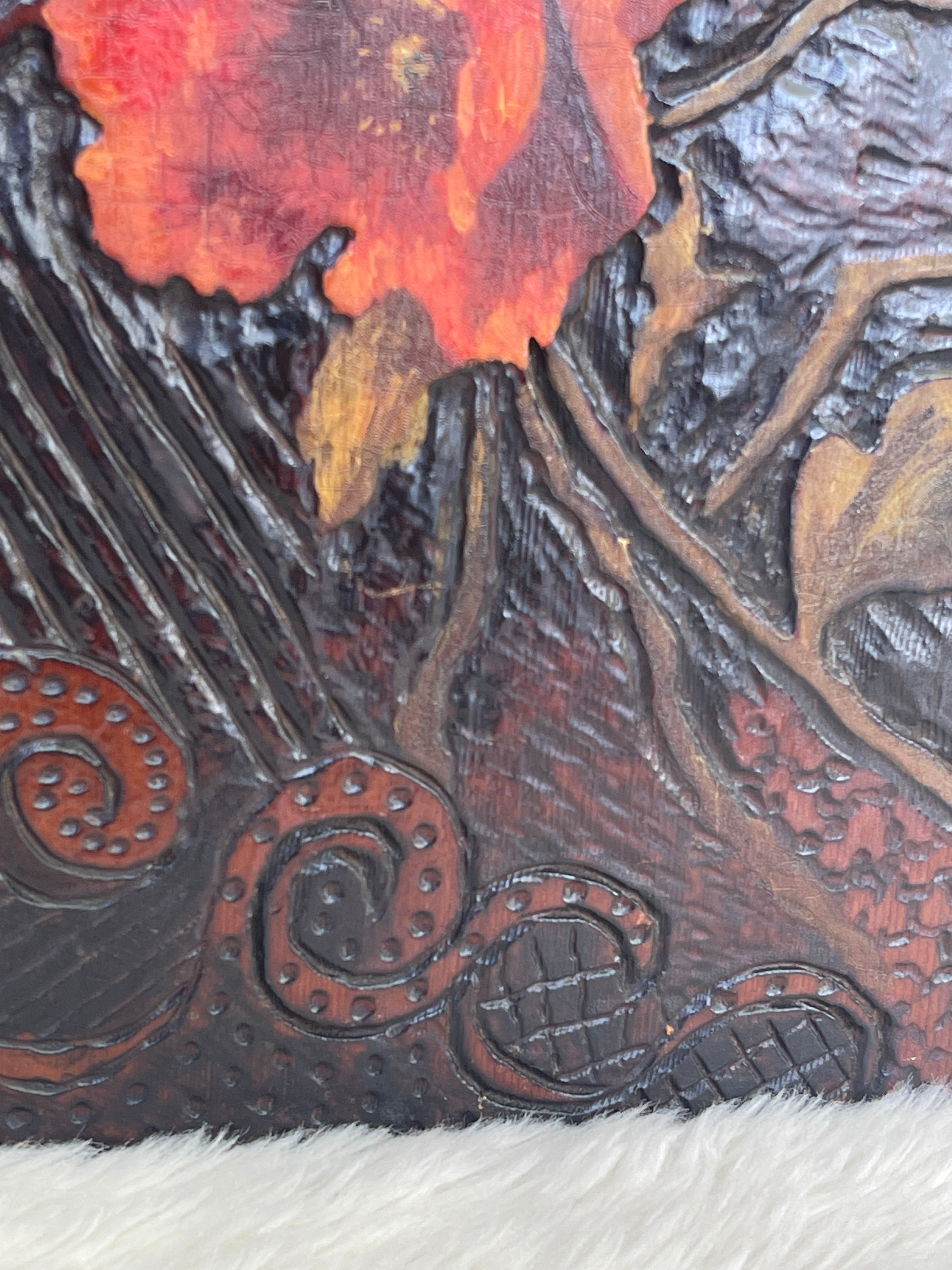 Vintage Hand Painted Carved Wood Poppy Flower Plaque