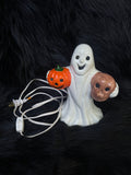 Vintage Ceramic Ghost Holding
Pumpkin and Skull Halloween Lamp
