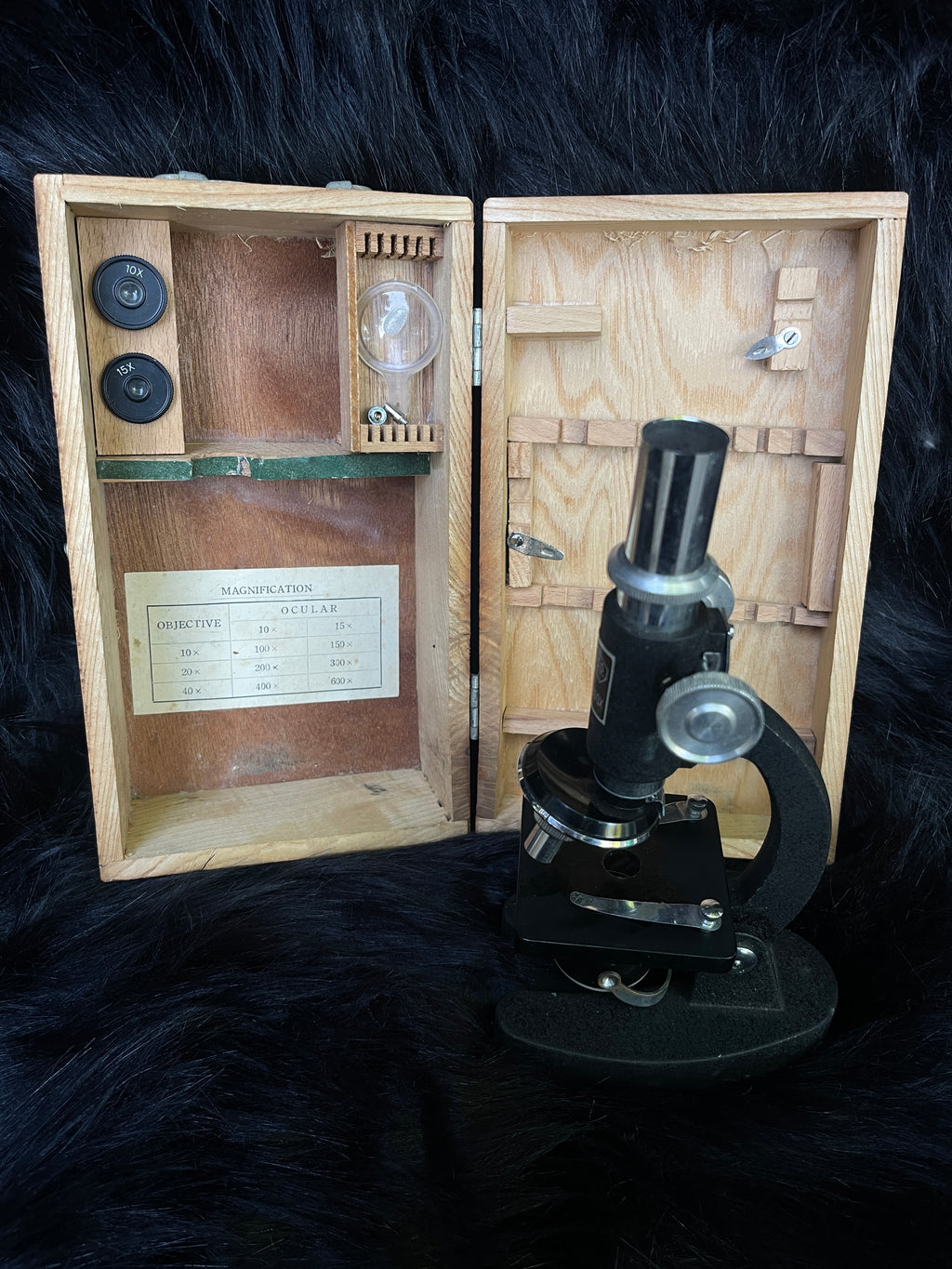 Vintage "Erbco Opticals" Microscope & Wood Box / Parts