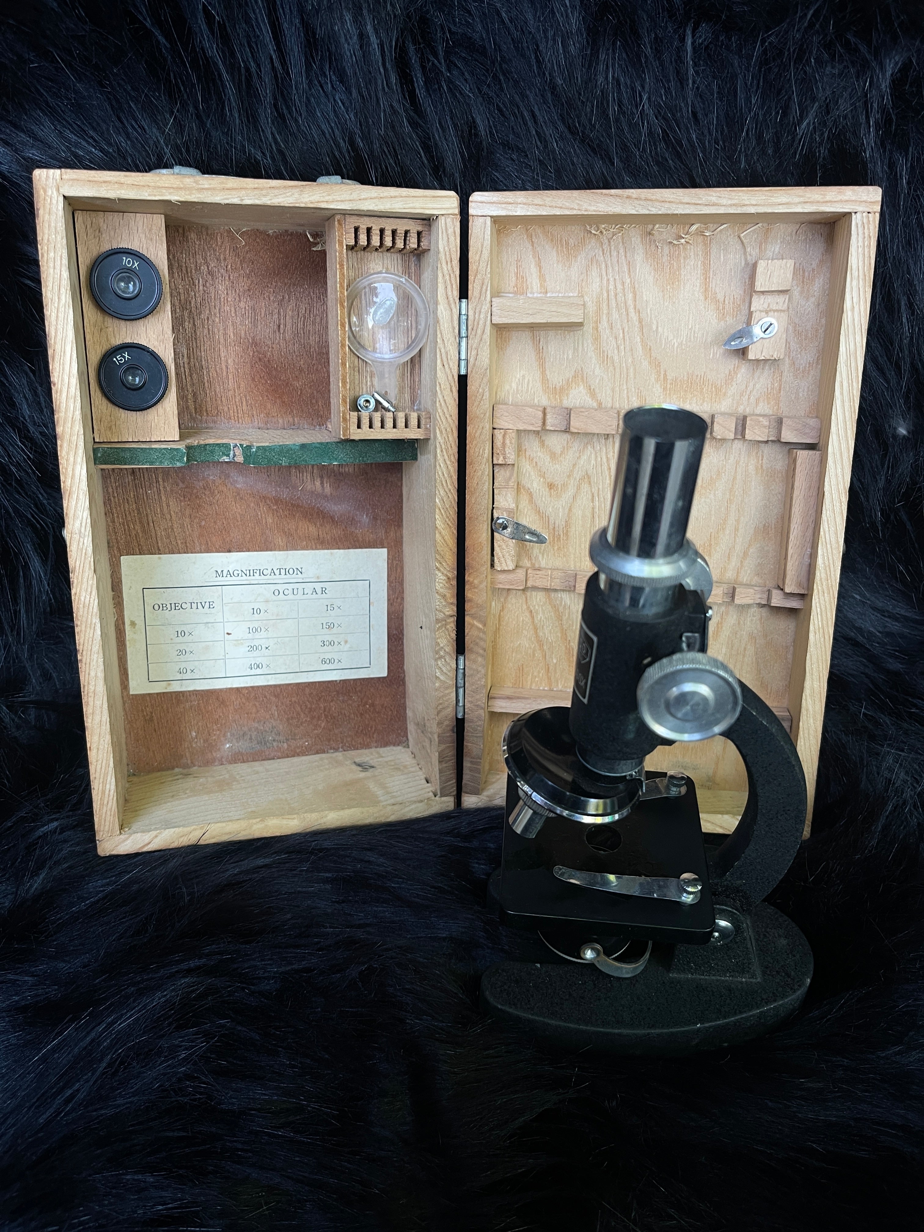 Vintage "Erbco Opticals" Microscope & Wood Box / Parts