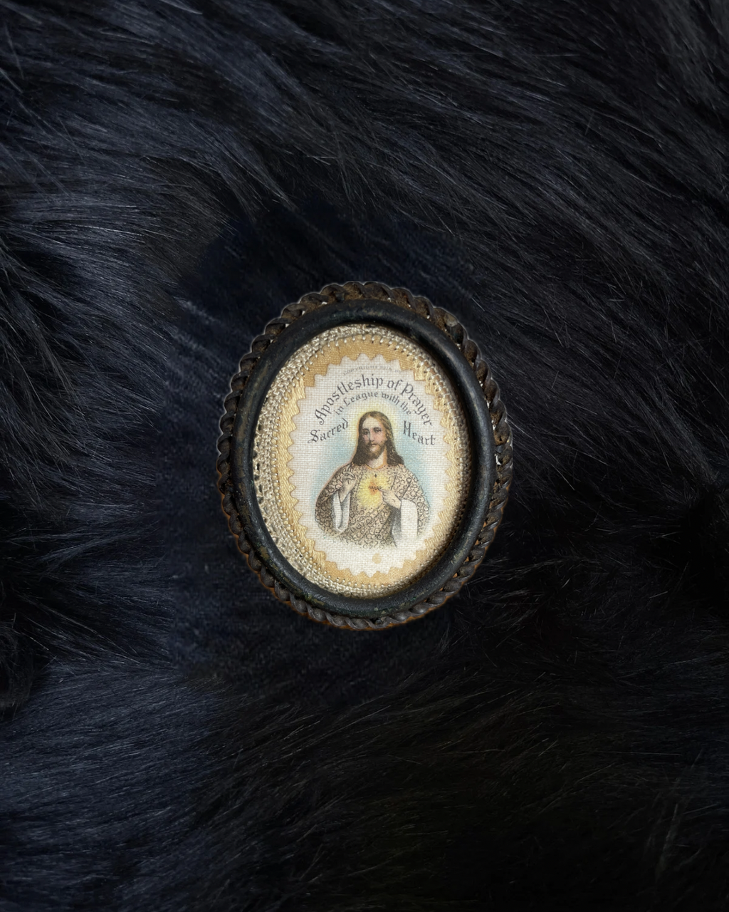 Antique 1915 “Apostleship of Prayer in Leage with the Sacred Heart” Standing Metal Framed Religious Crochet Fabric Piece
