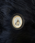 Antique 1915 “Apostleship of Prayer in Leage with the Sacred Heart” Standing Metal Framed Religious Crochet Fabric Piece
