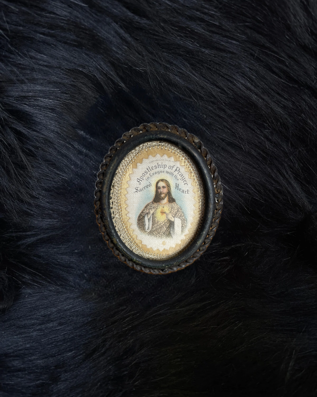 Antique 1915 “Apostleship of Prayer in Leage with the Sacred Heart” Standing Metal Framed Religious Crochet Fabric Piece