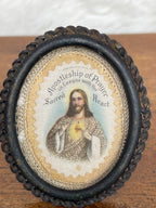 Antique 1915 “Apostleship of Prayer in Leage with the Sacred Heart” Standing Metal Framed Religious Crochet Fabric Piece
