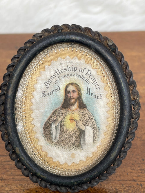 Antique 1915 “Apostleship of Prayer in Leage with the Sacred Heart” Standing Metal Framed Religious Crochet Fabric Piece