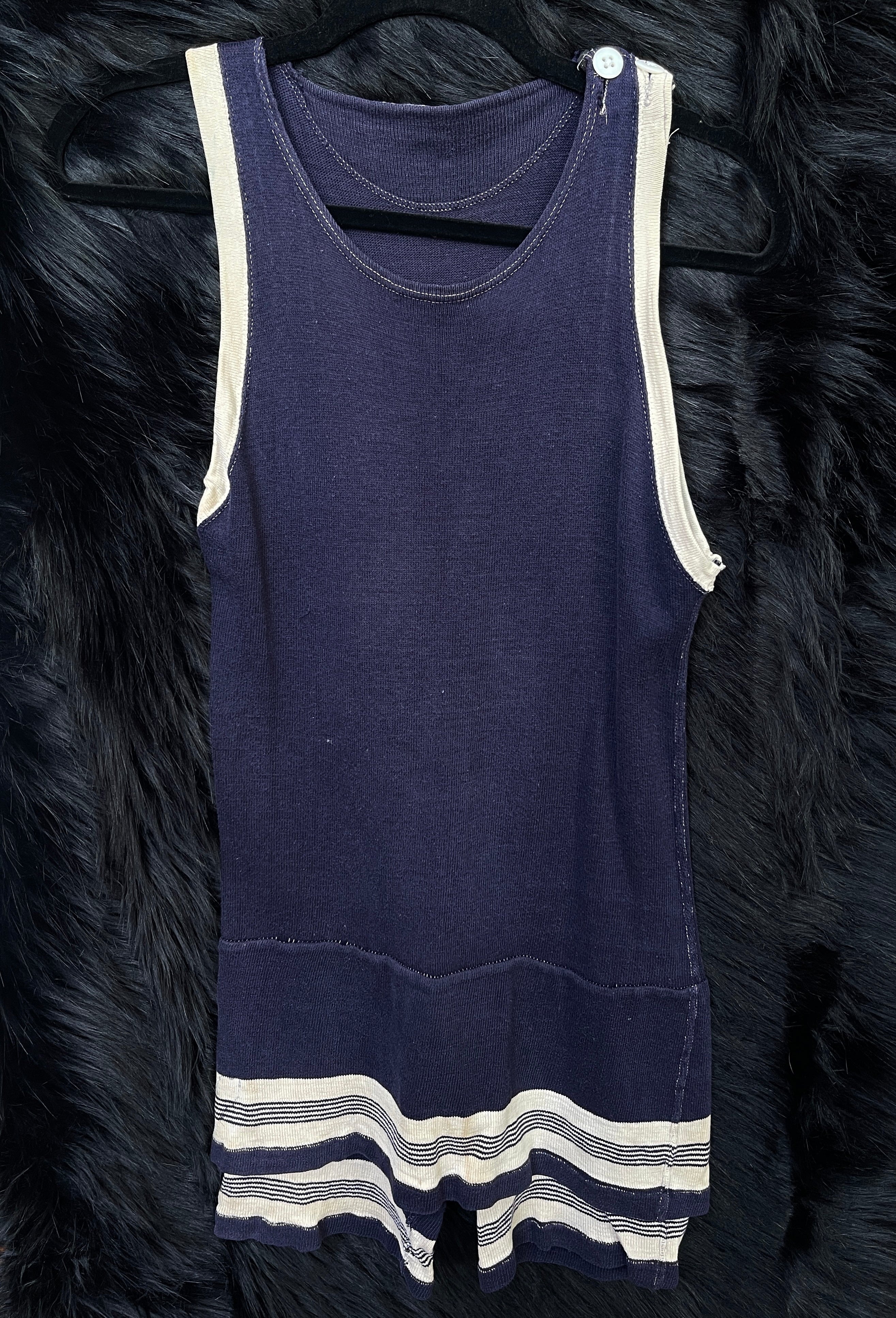 1920’s Antique Navy & White Striped Button One Piece Swimsuit Bathing Suit