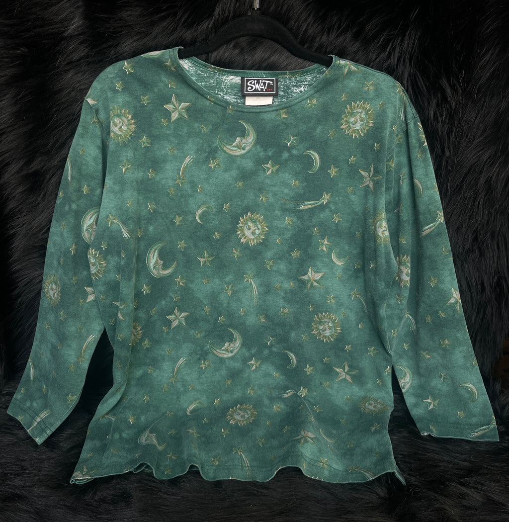 Vintage Size M 3/4 Sleeve Green Celestial Sun Moon Star "SWAT" Top