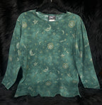 Vintage Size M 3/4 Sleeve Green Celestial Sun Moon Star "SWAT" Top