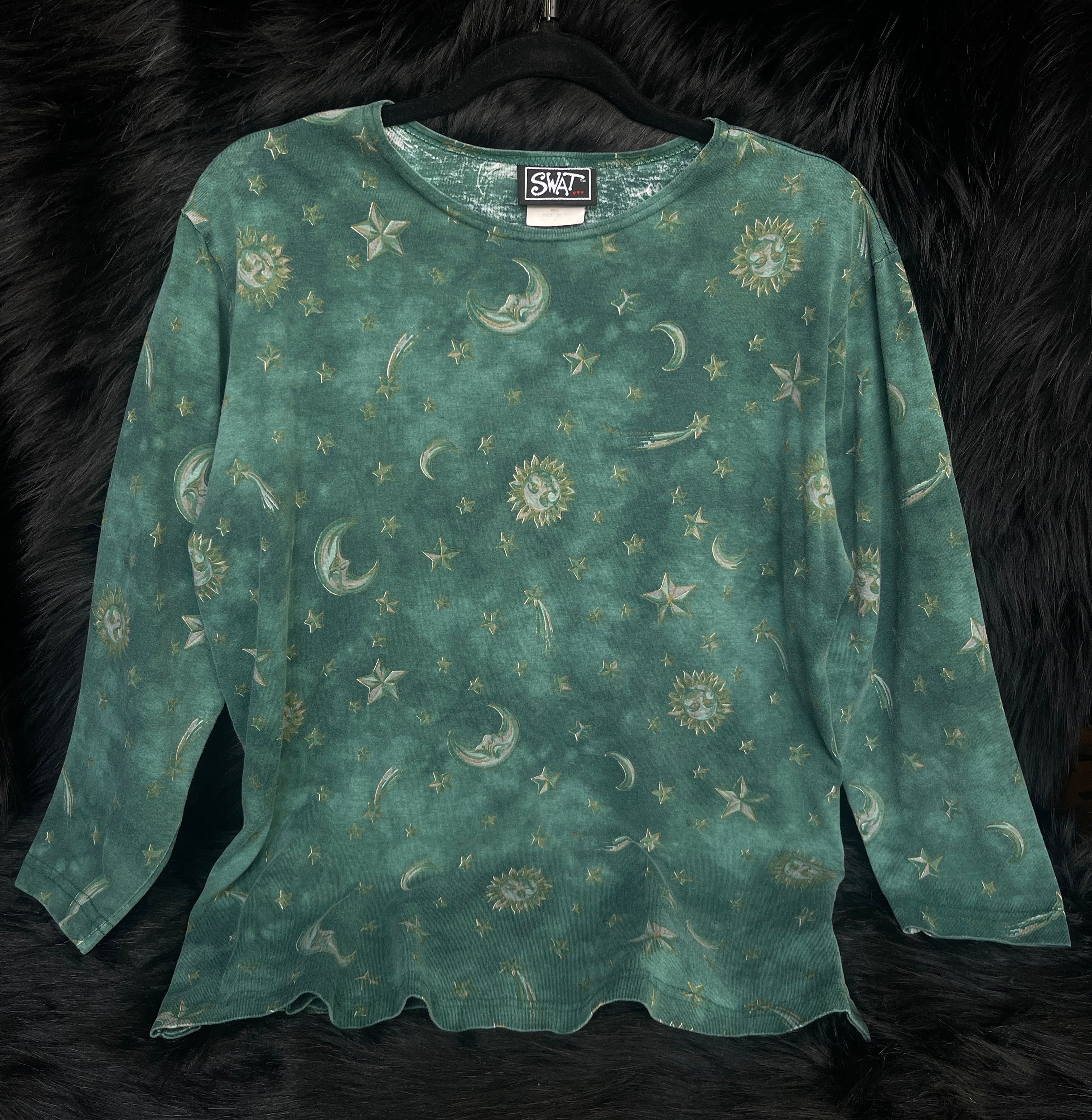 Vintage Size M 3/4 Sleeve Green Celestial Sun Moon Star "SWAT" Top