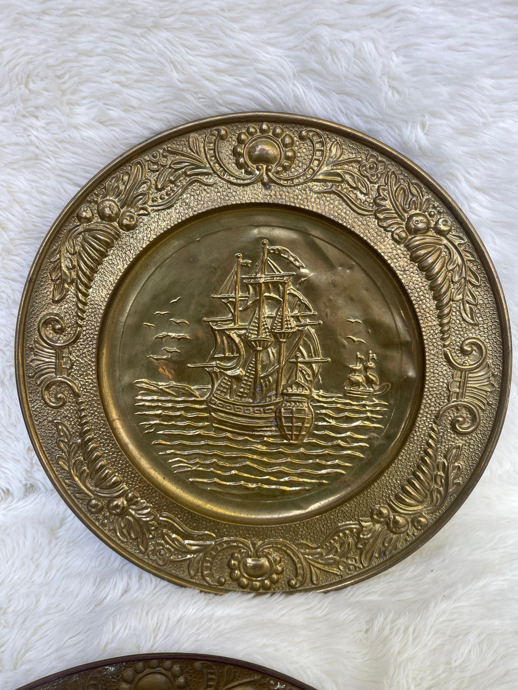 Vintage *Pair* Embossed Brass Nautical Sail Ship Wall Hangings