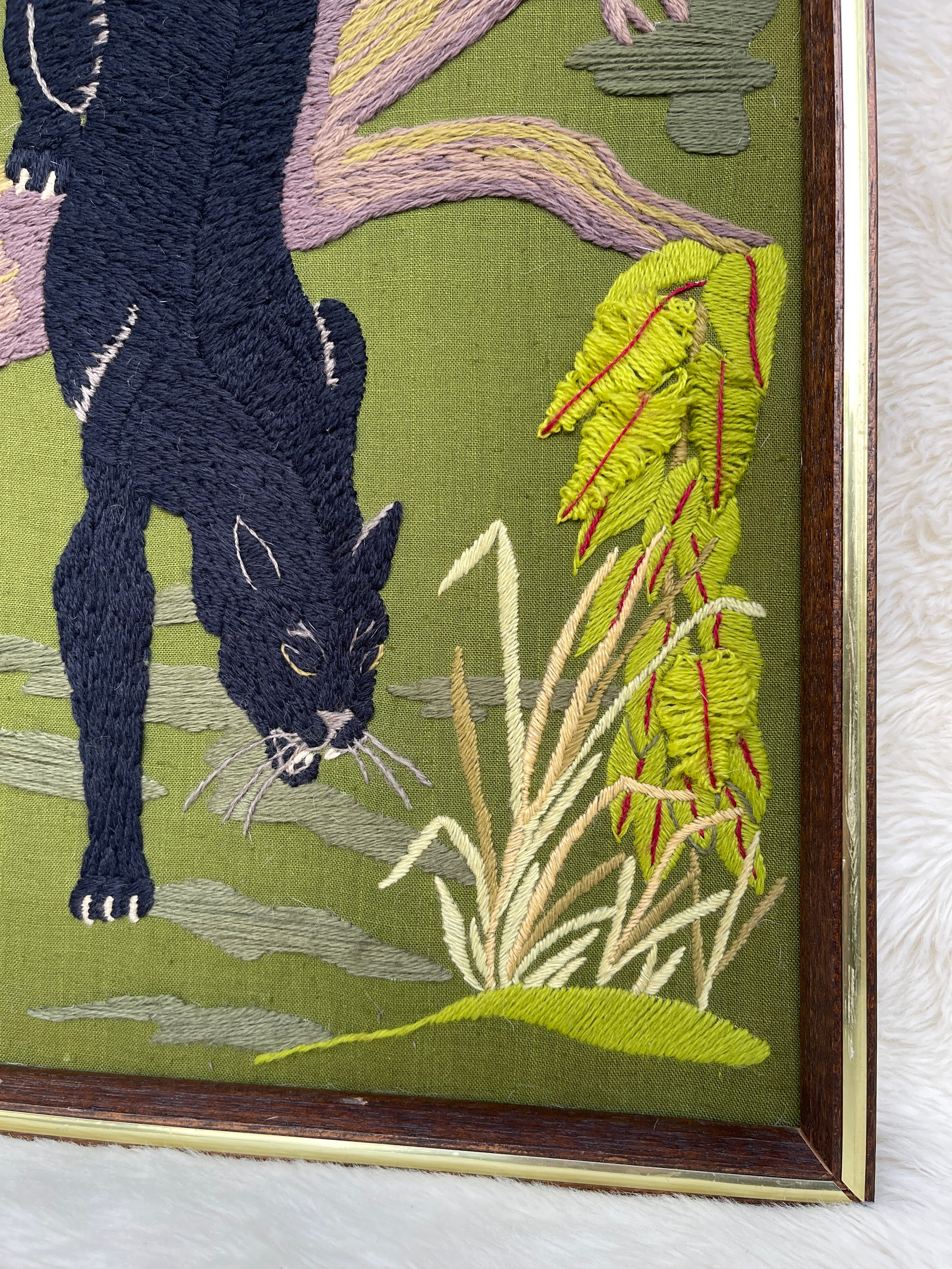 Vintage Wood Frame Black Panther Jaguar Tree Crewel