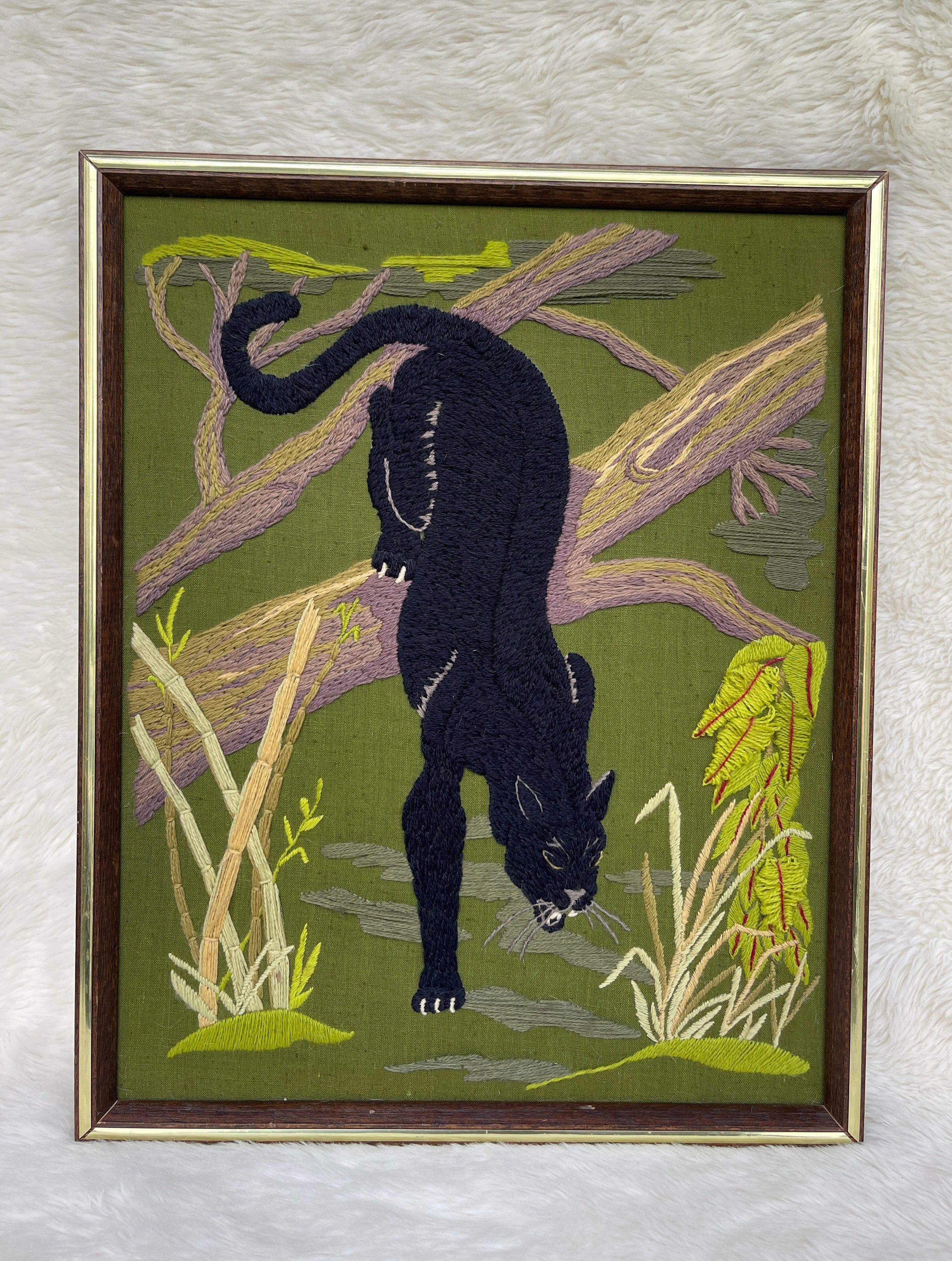 Vintage Wood Frame Black Panther Jaguar Tree Crewel