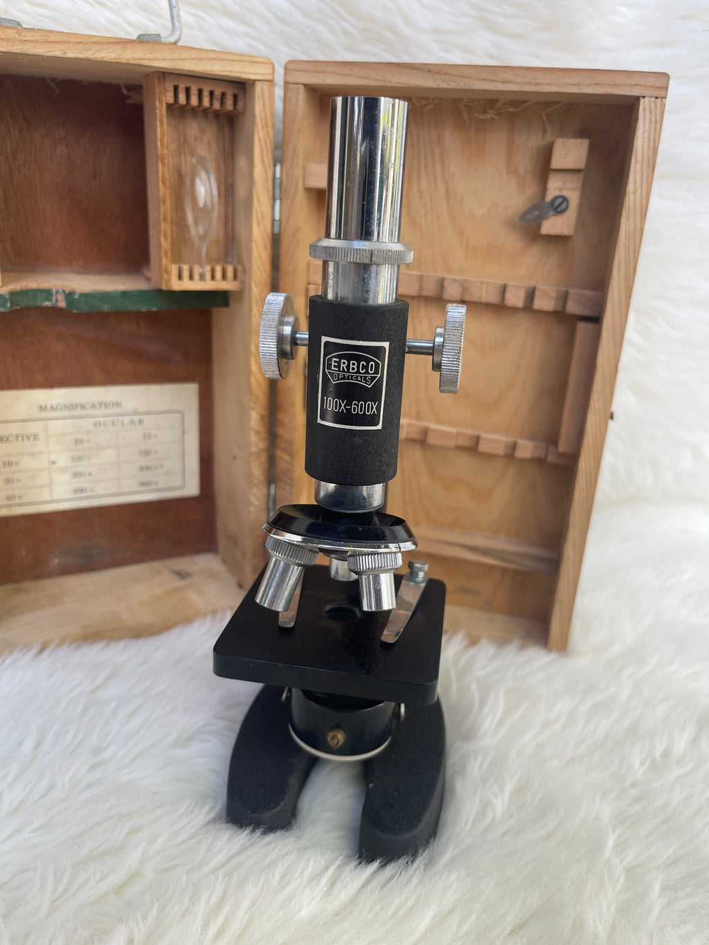 Vintage "Erbco Opticals" Microscope & Wood Box / Parts
