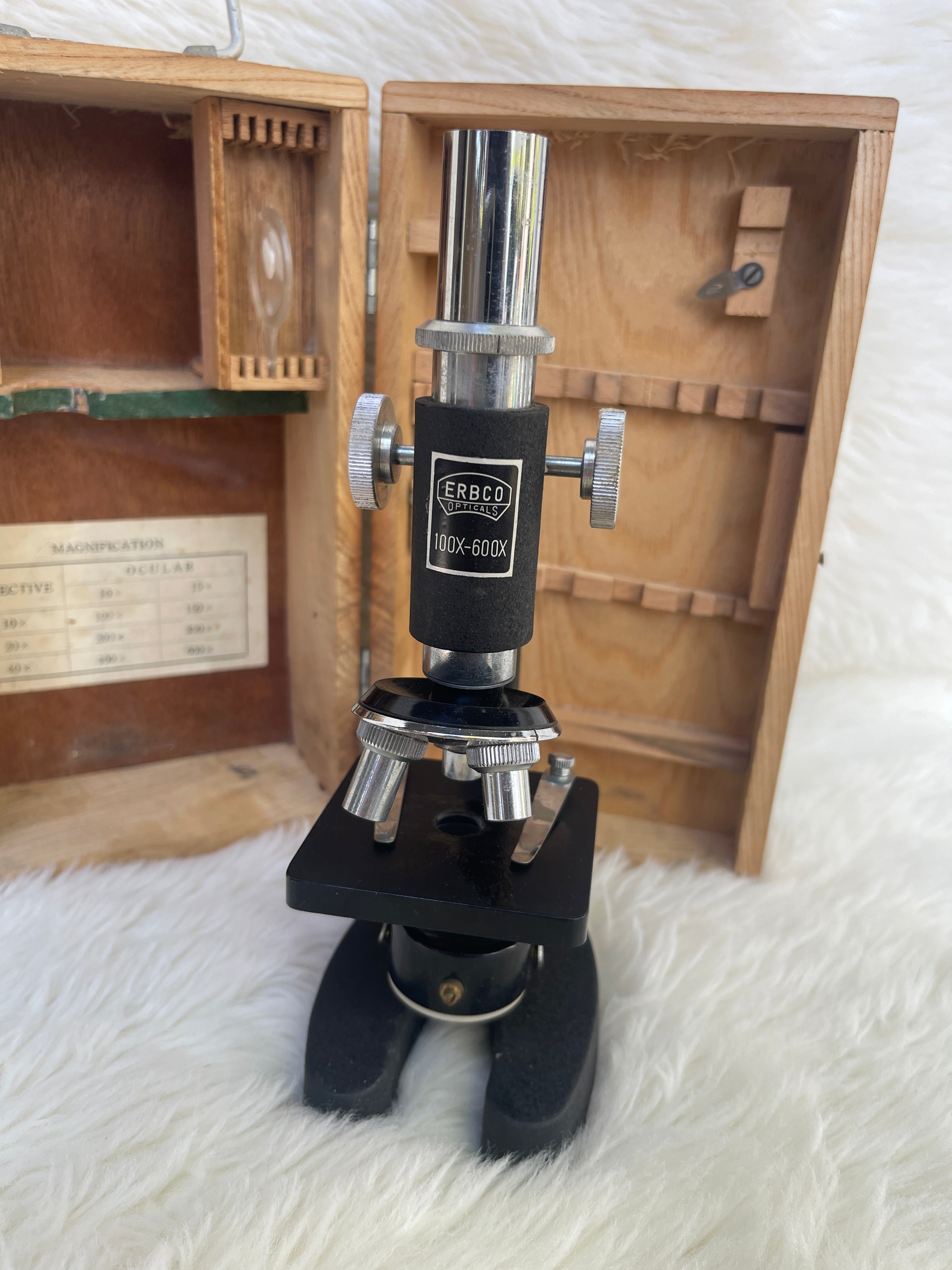 Vintage "Erbco Opticals" Microscope & Wood Box / Parts