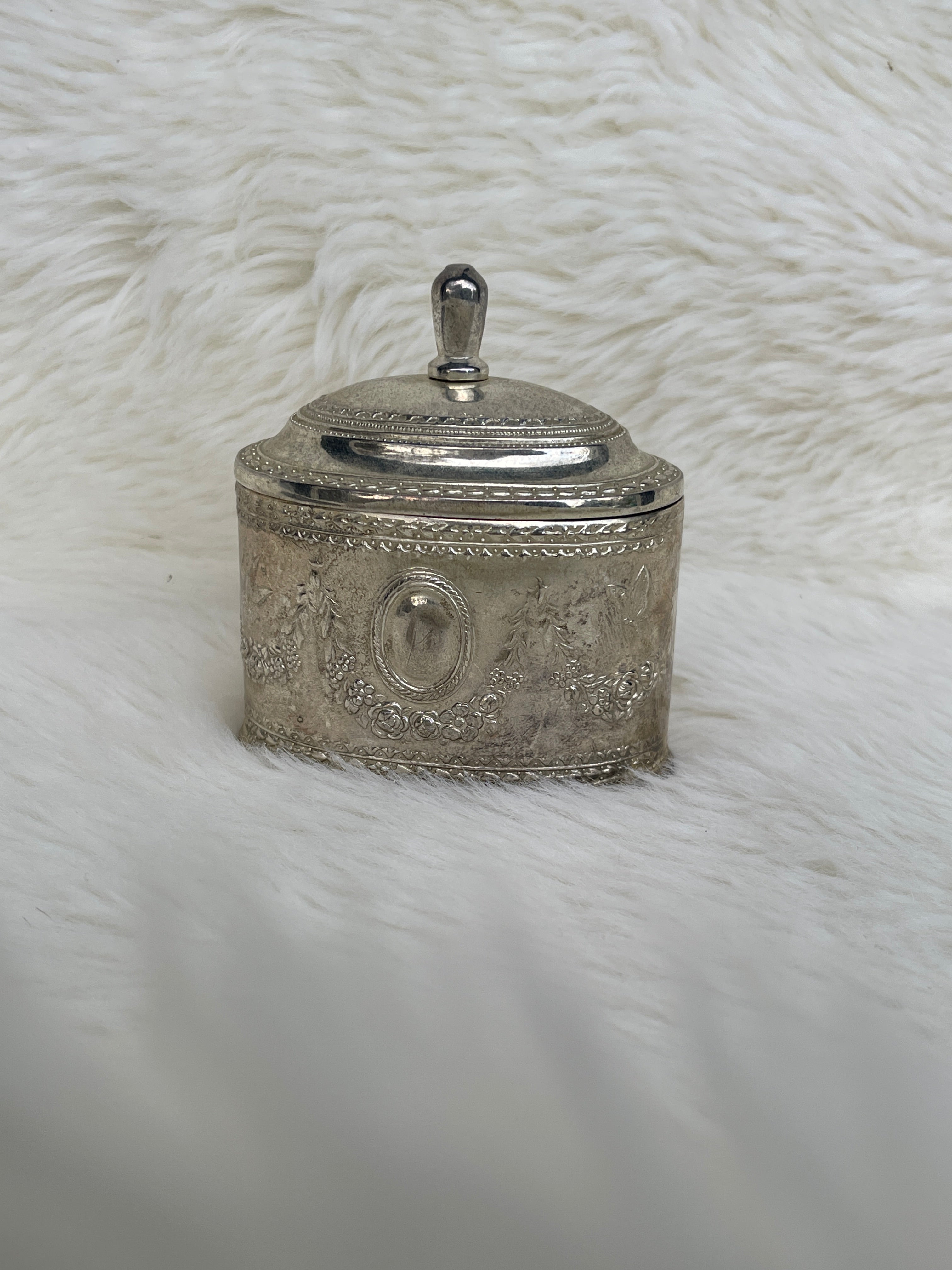 Vintage Red Velvet Lined “Godinger Silver Art Co” Oval Bird Butterfly Trinket Box