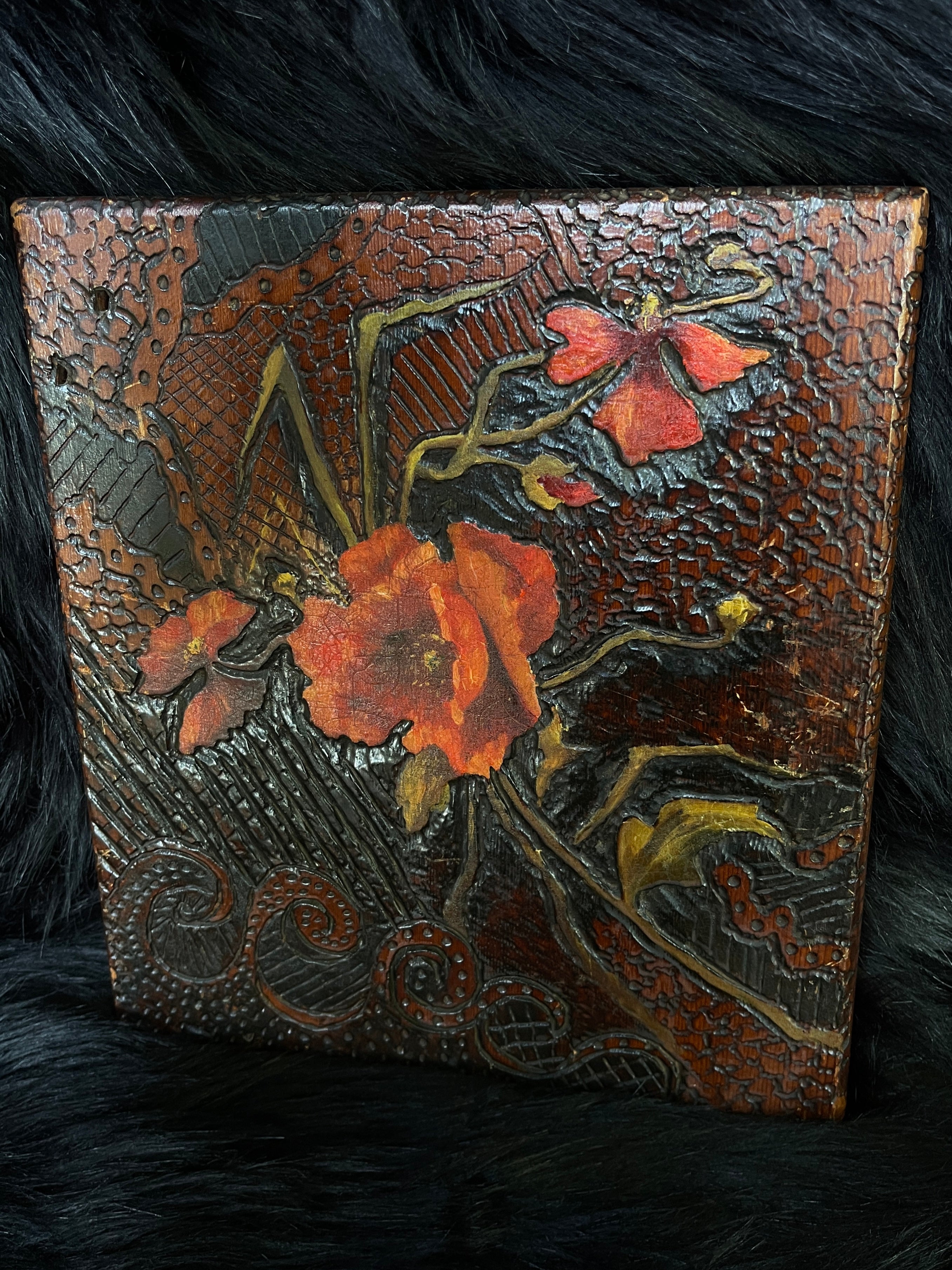 Vintage Hand Painted Carved Wood Poppy Flower Plaque