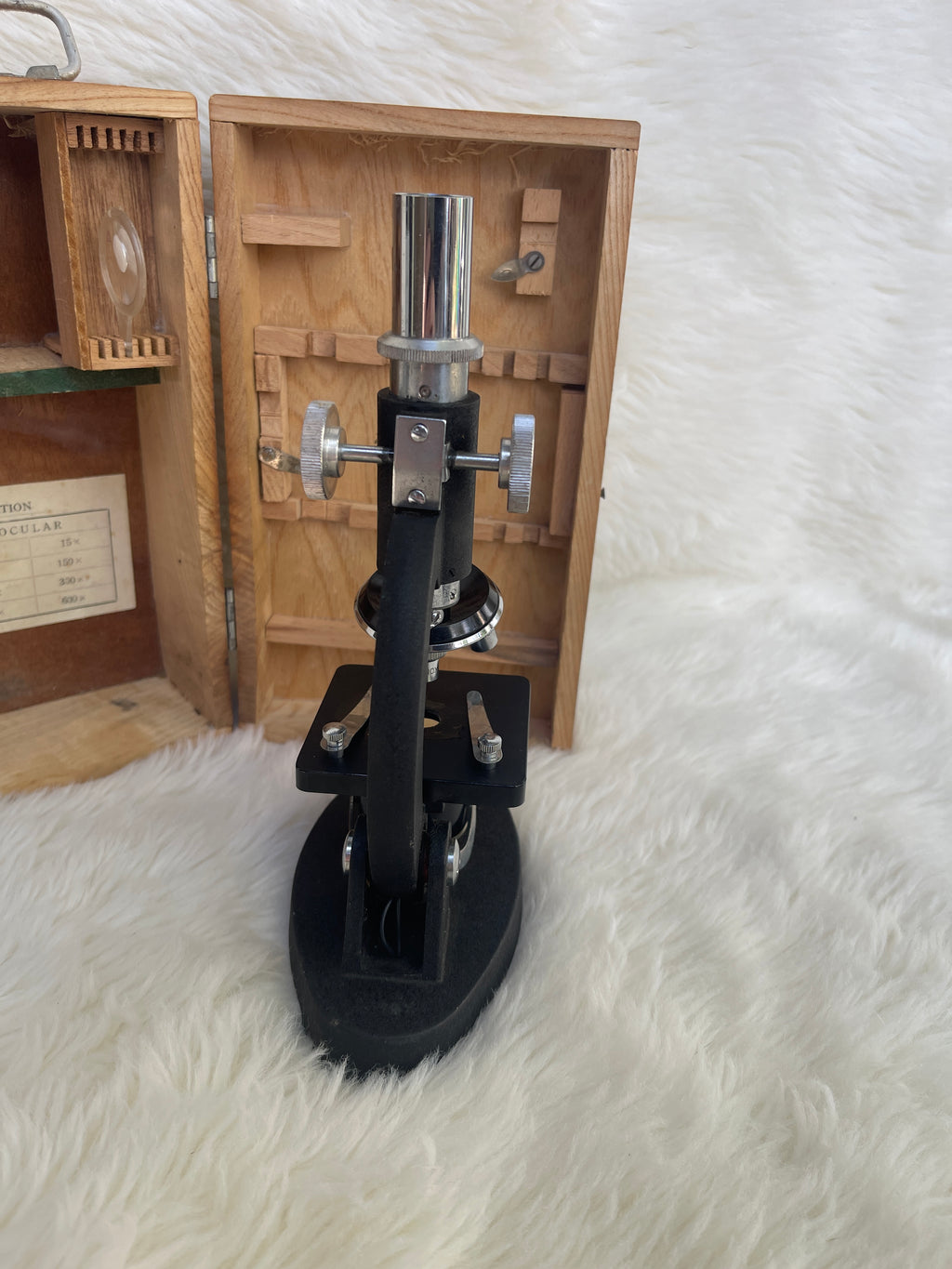 Vintage "Erbco Opticals" Microscope & Wood Box / Parts