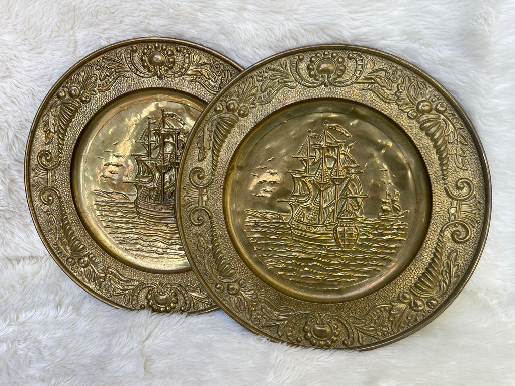 Vintage *Pair* Embossed Brass Nautical Sail Ship Wall Hangings