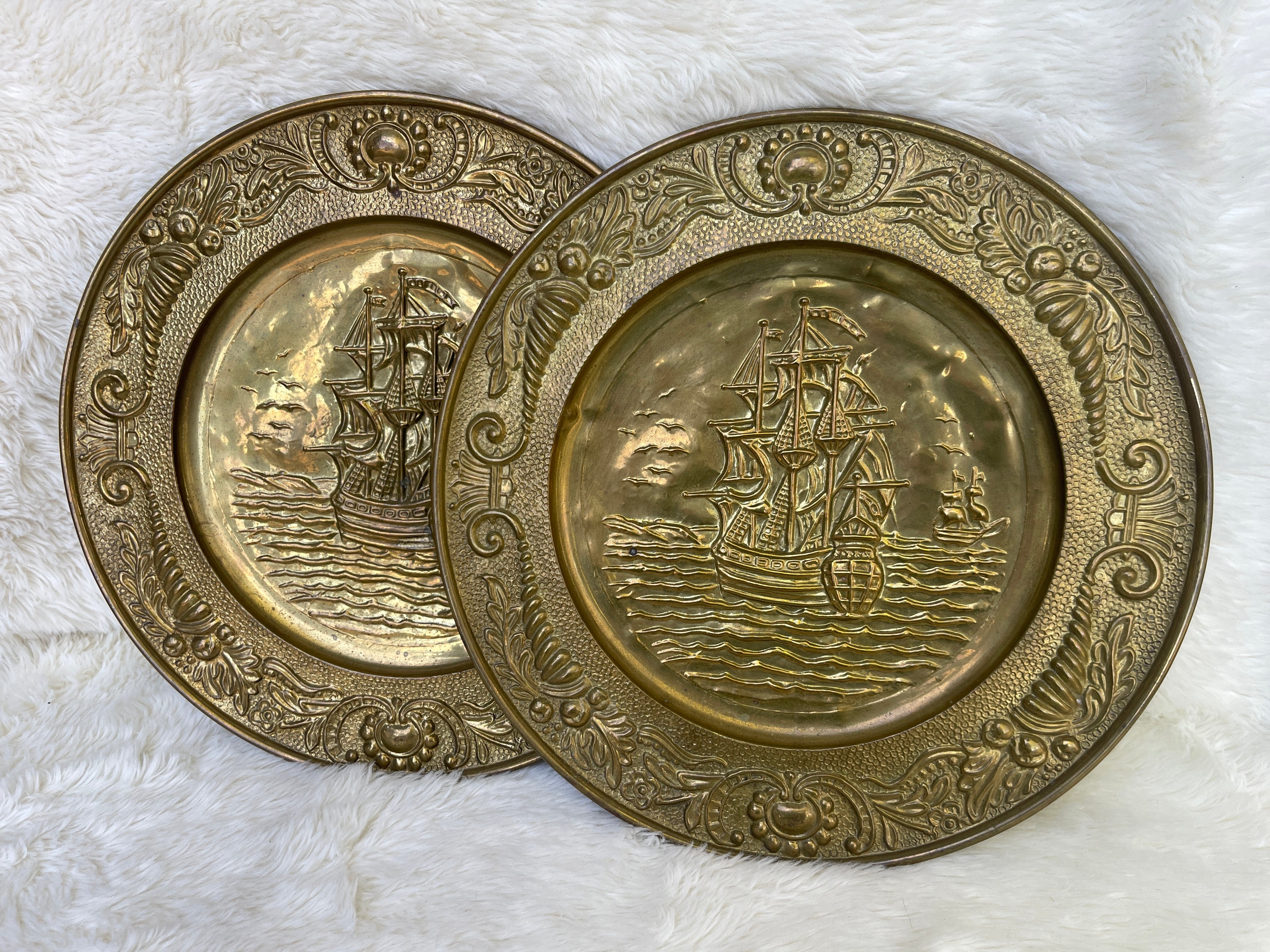 Vintage *Pair* Embossed Brass Nautical Sail Ship Wall Hangings