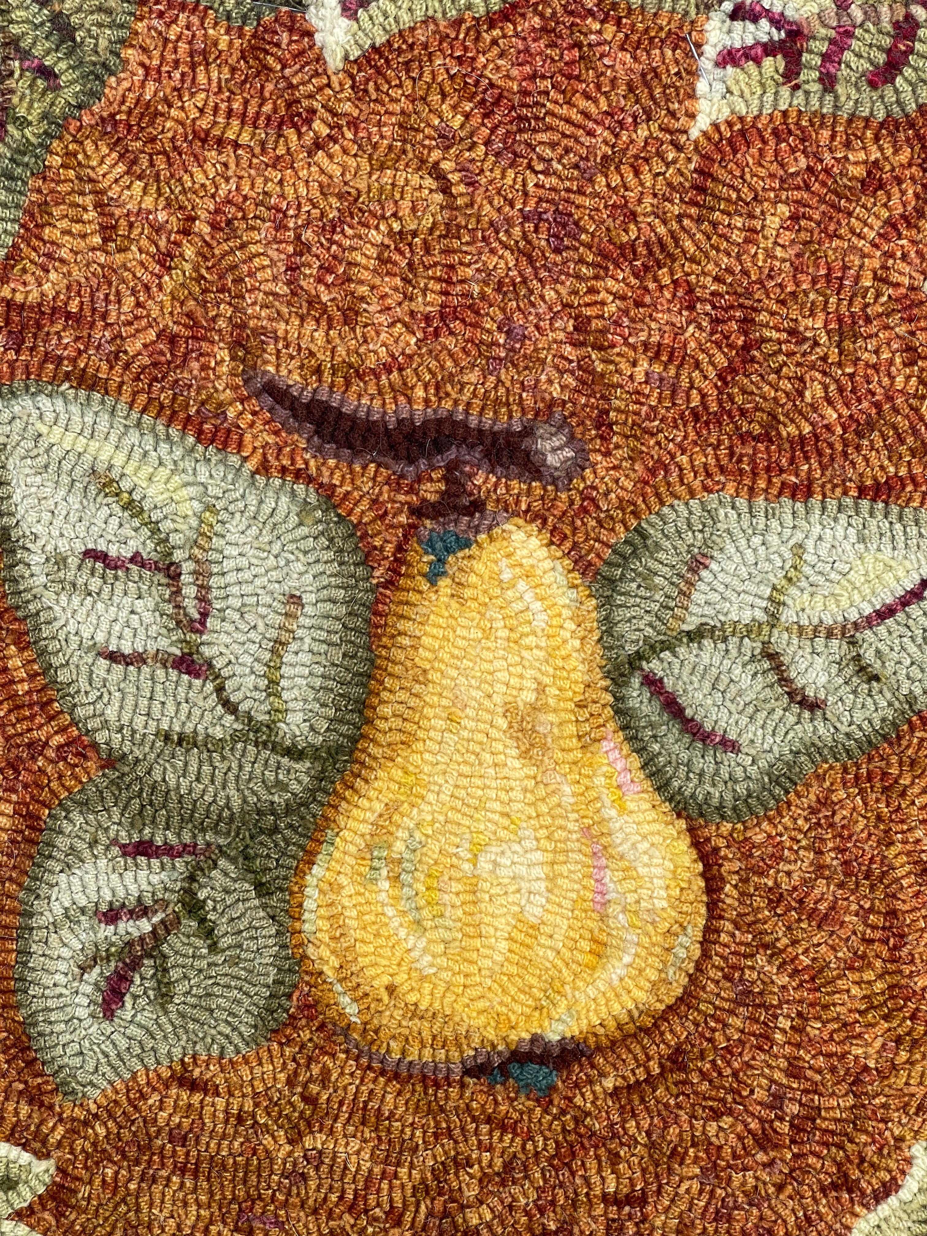 Vintage Circular Wool Hand Hooked Pear Wall Hanging