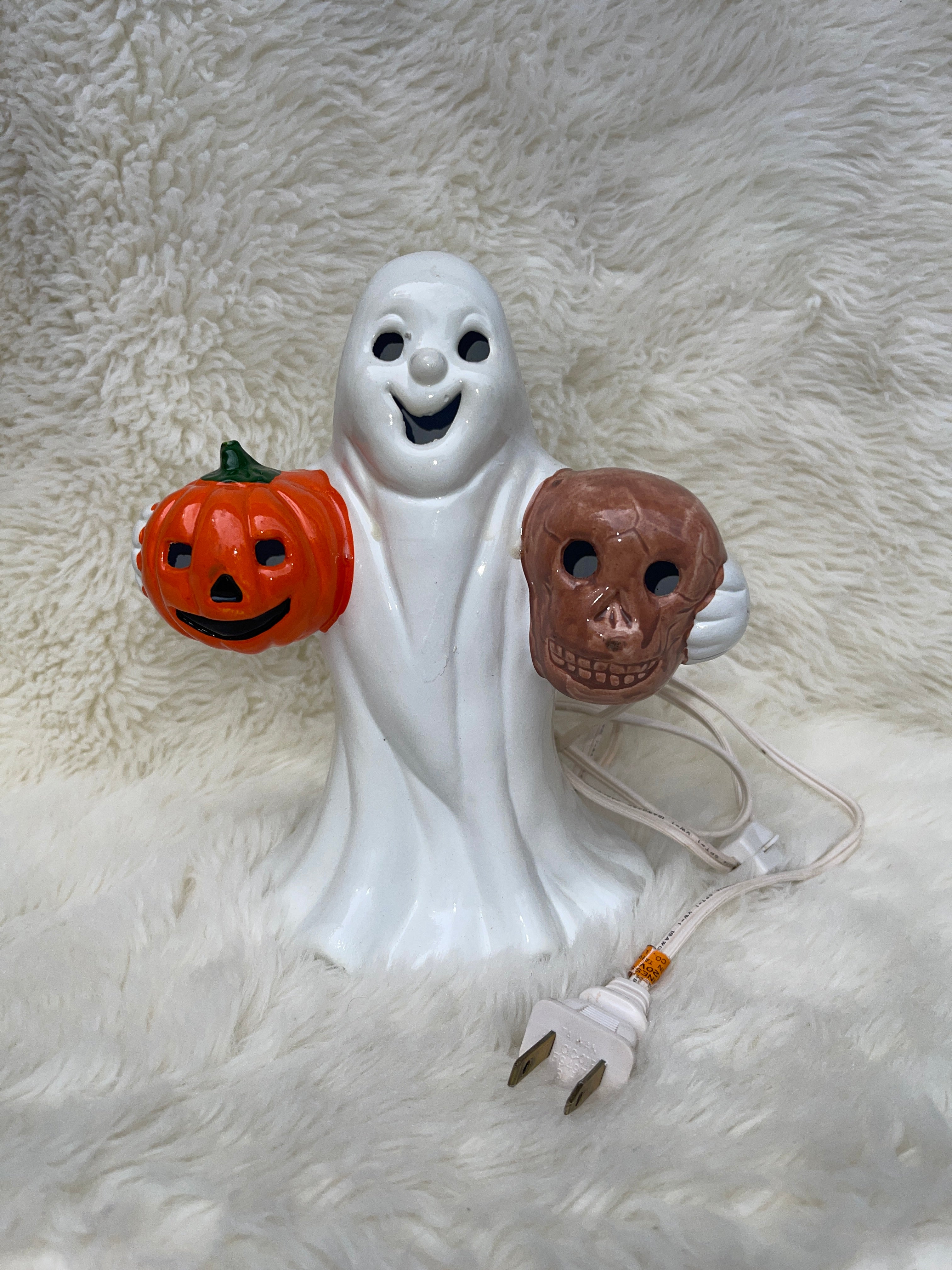 Vintage Ceramic Ghost Holding Pumpkin and Skull Halloween Lamp