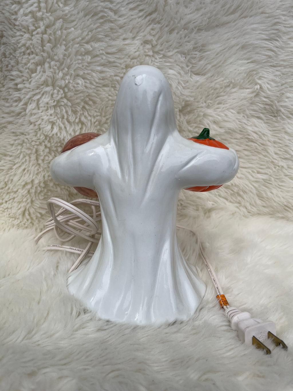 Vintage Ceramic Ghost Holding Pumpkin and Skull Halloween Lamp