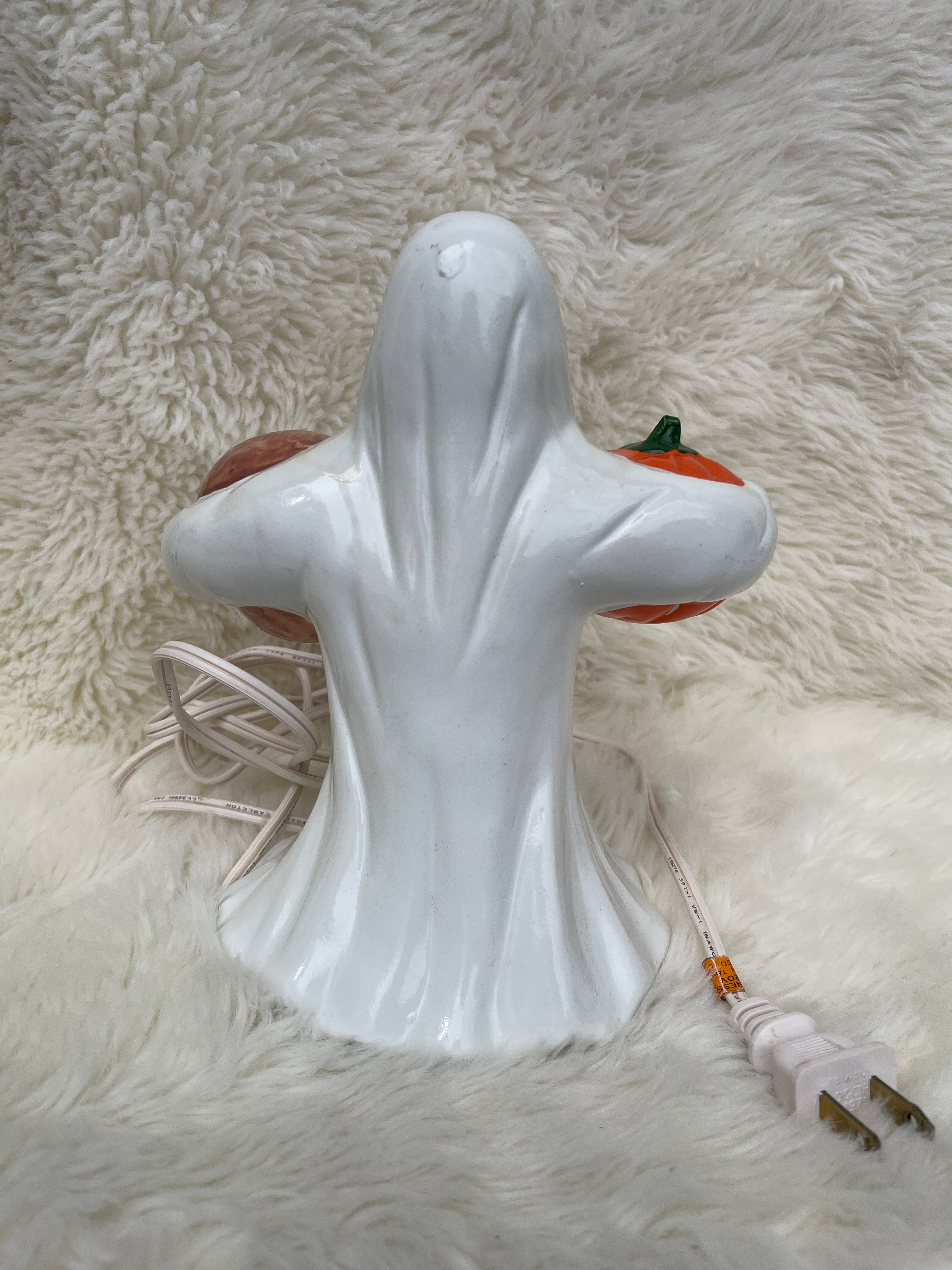 Vintage Ceramic Ghost Holding Pumpkin and Skull Halloween Lamp