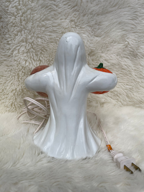 Vintage Ceramic Ghost Holding Pumpkin and Skull Halloween Lamp