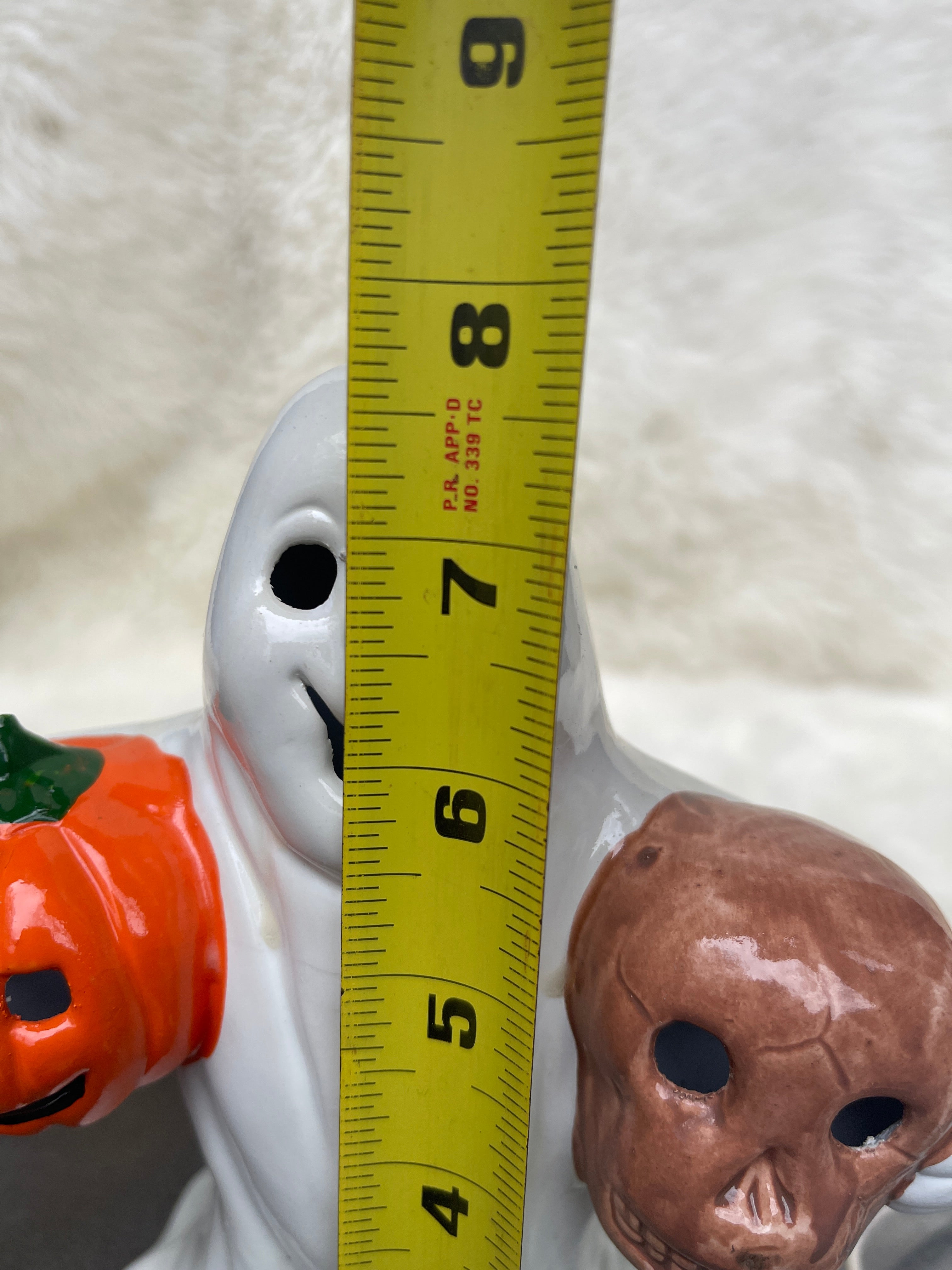 Vintage Ceramic Ghost Holding Pumpkin and Skull Halloween Lamp
