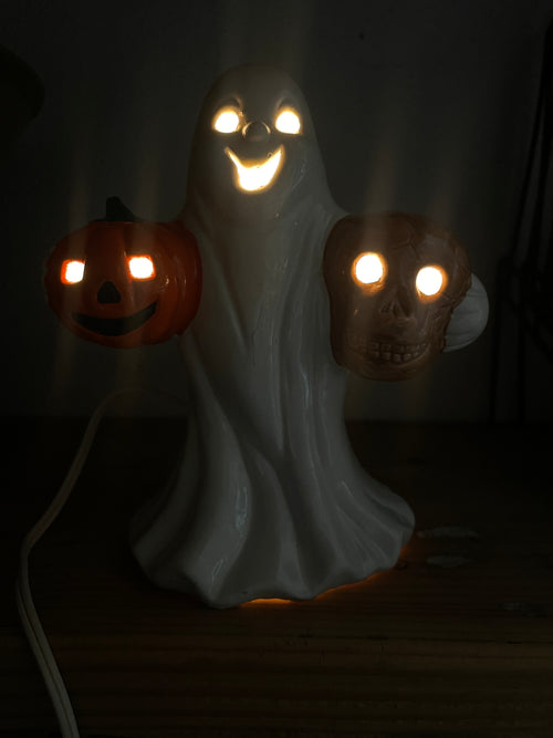 Vintage Ceramic Ghost Holding
Pumpkin and Skull Halloween Lamp