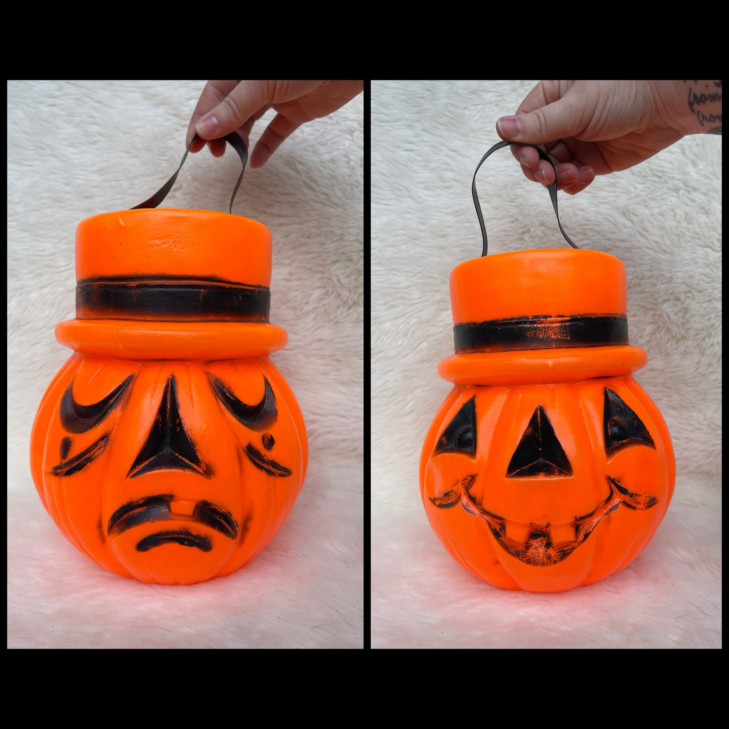 Vintage Double Sided Sad Happy Blow Mold Top Hat Halloween Trick or Treat Bucket