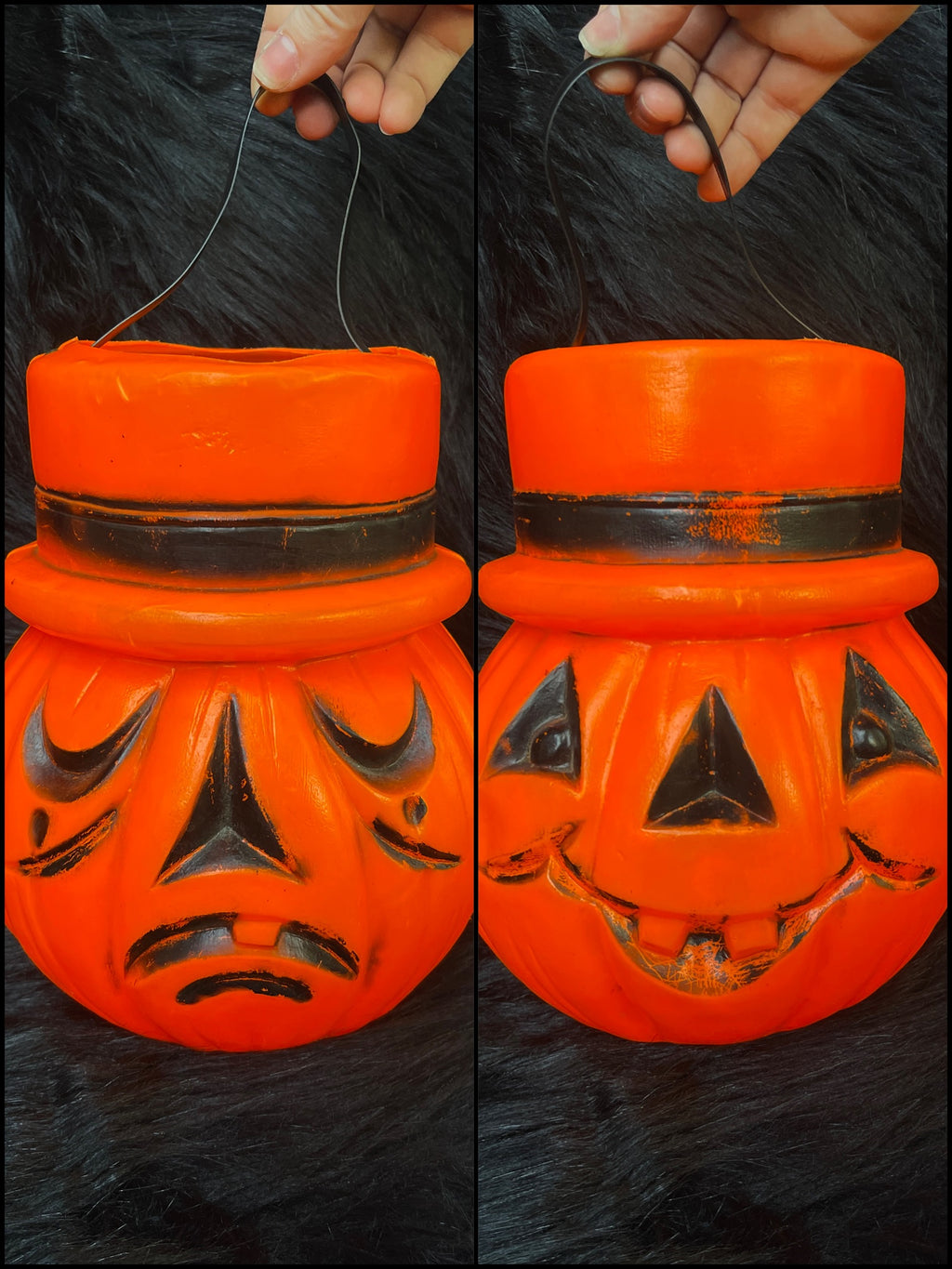 Vintage Double Sided Sad Happy Blow Mold Top Hat Halloween Trick or Treat Bucket